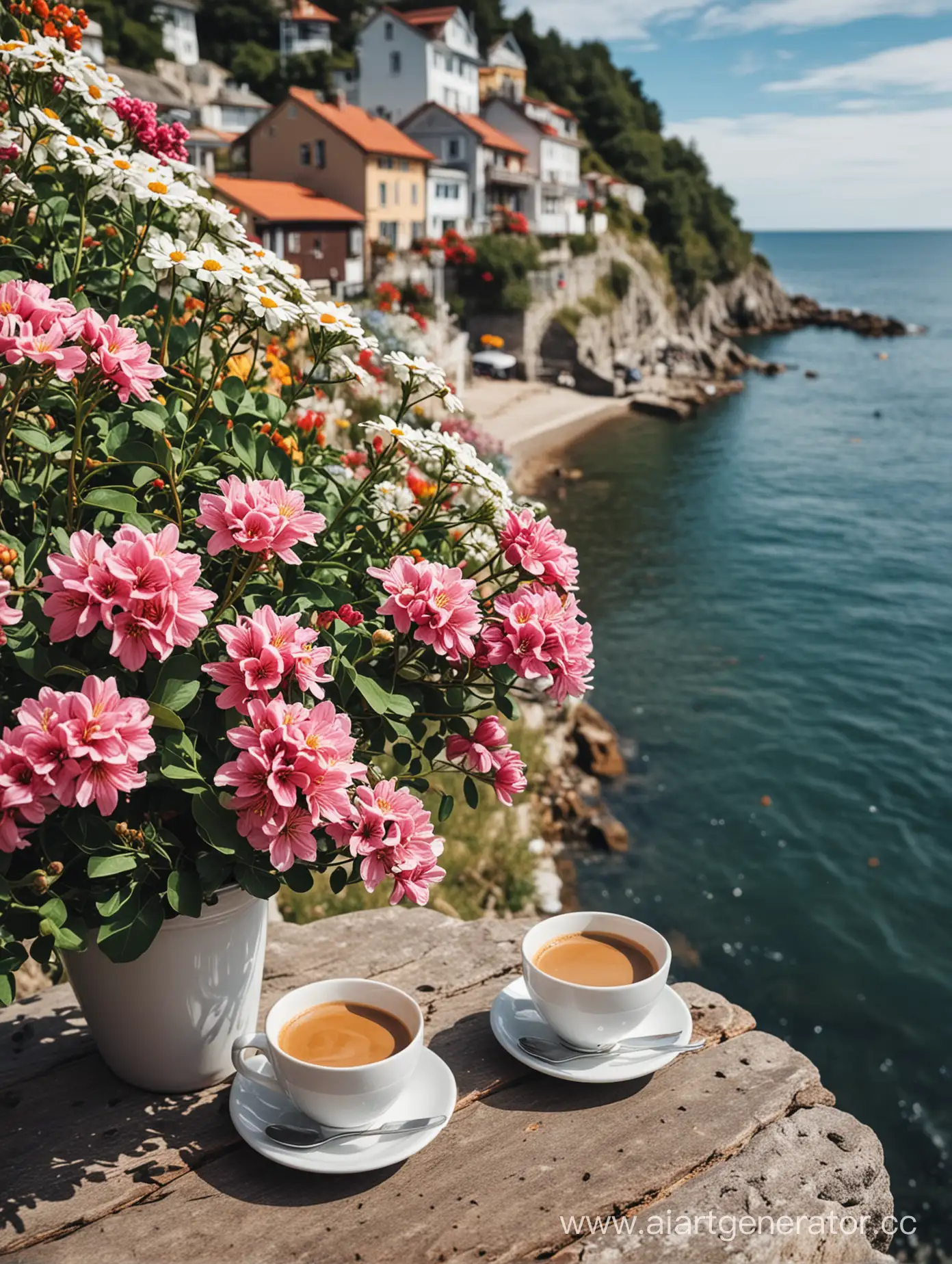 небольшой город, море, две чашки кофе, цветы