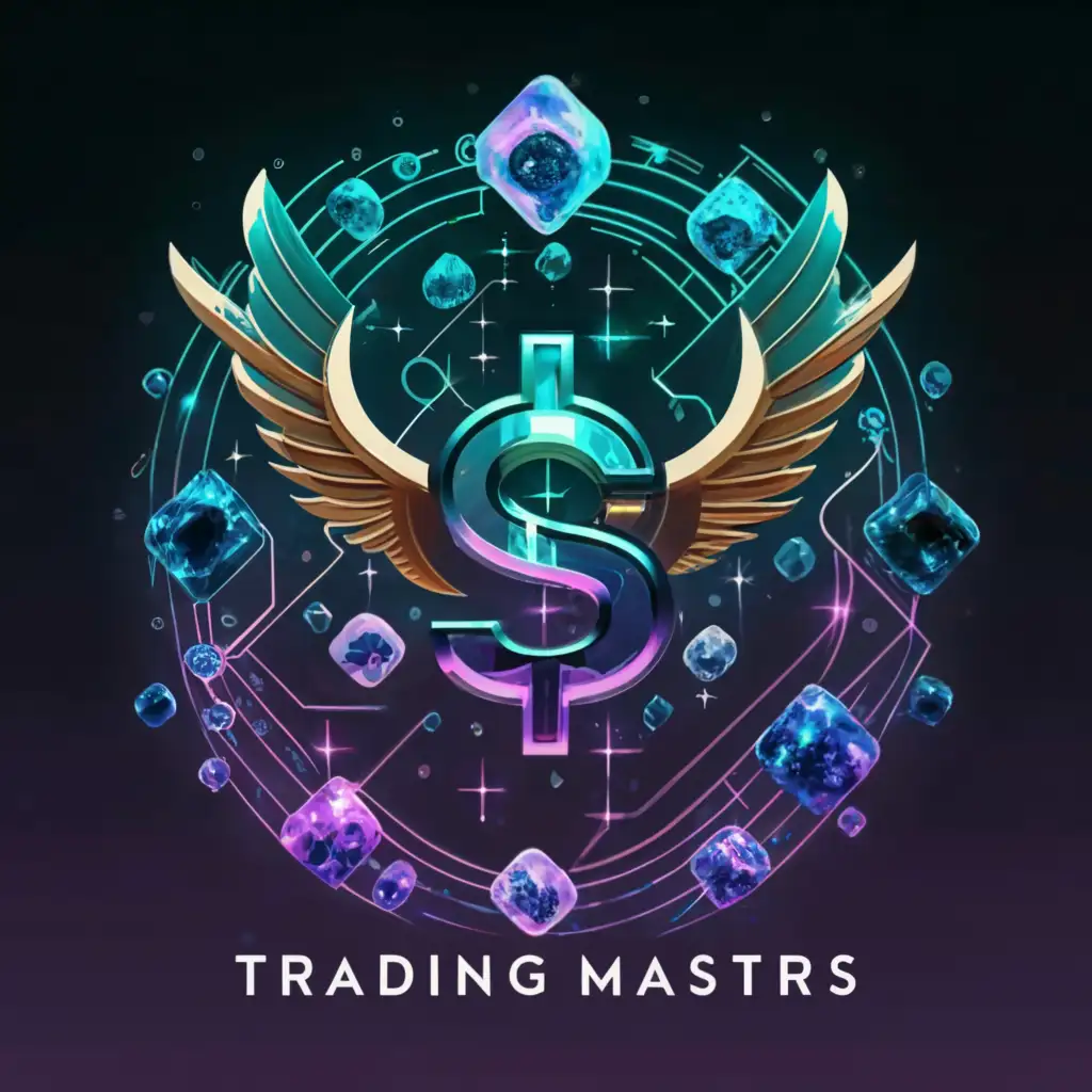 a logo design, text 'Trading Mastrs' main symbol:Flying money, galaxy, crystals, electricity, blue and purple colors,complex,be used in Technology industry,clear background