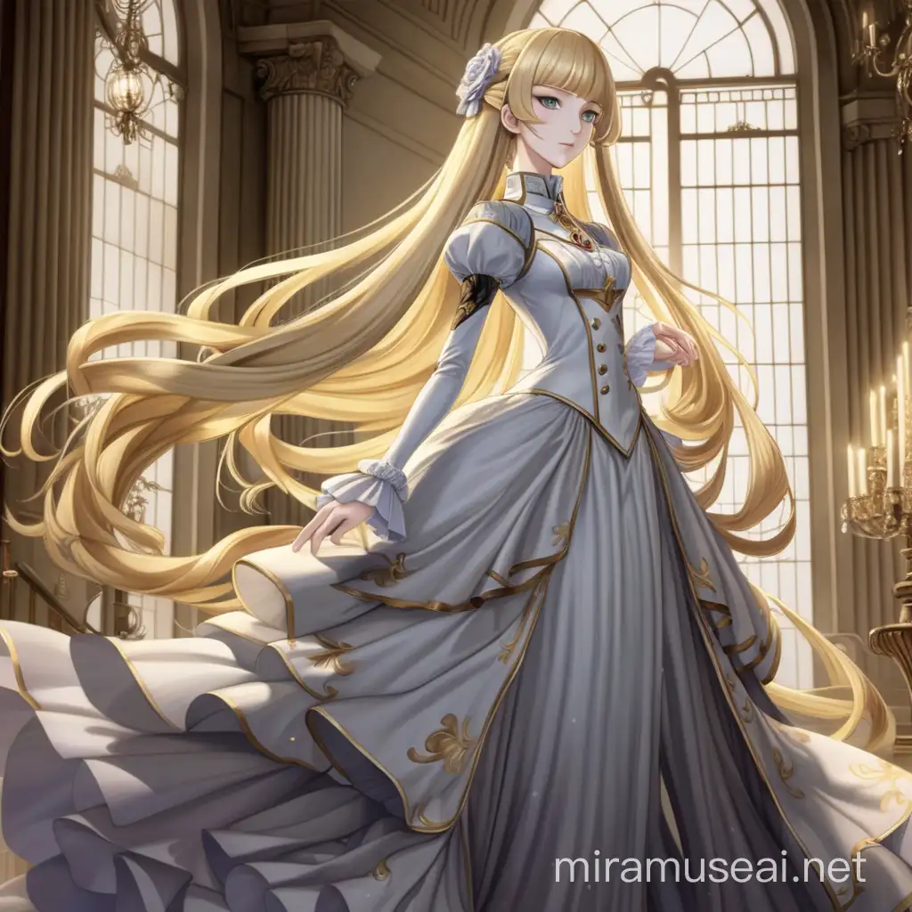 Elegant Anime Villainess with Golden Eyes and Pale Golden Hair in Ballroom Setting
