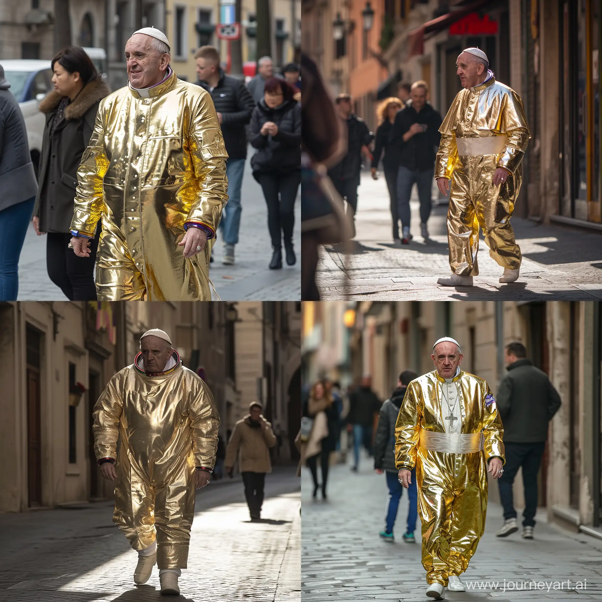 Pope-in-Golden-Space-Suit-Strolling-Through-Urban-Landscape
