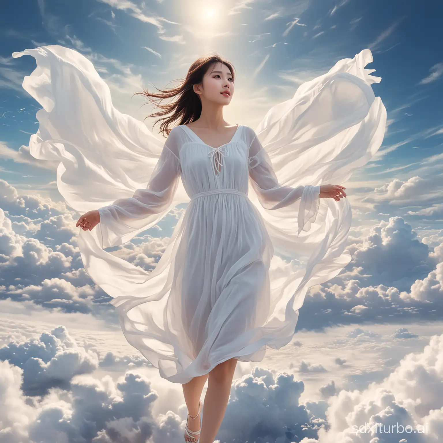 The Chinese girl is wearing a white dress, wandering in the sky.