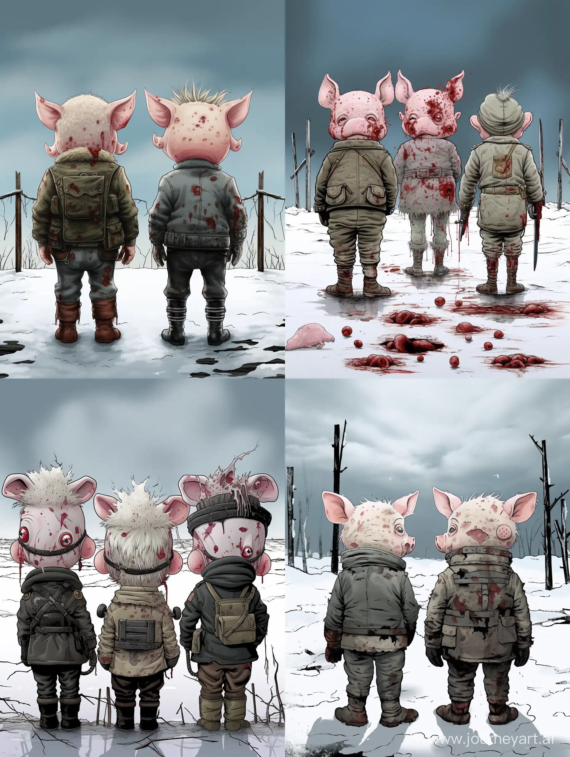 Frozen-Piglets-in-WarTorn-Uniforms-Emotional-Cartoon-Depiction-in-a-Bleak-Winter-Setting
