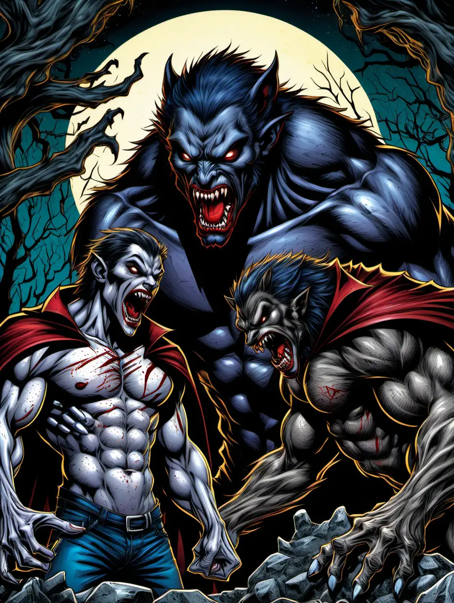 thick comic book, vampire and werewolf on the cover, graphic novel, dynamic color, very intricately and microscopically detailed, comic art