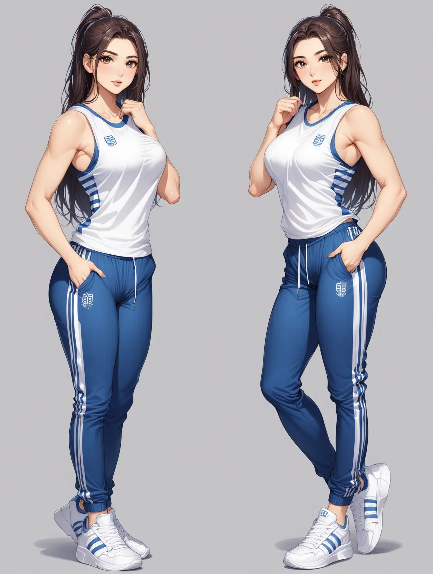 Sensual greek olympics girl wearing trainers pants and sneakers, full body, 2 poses