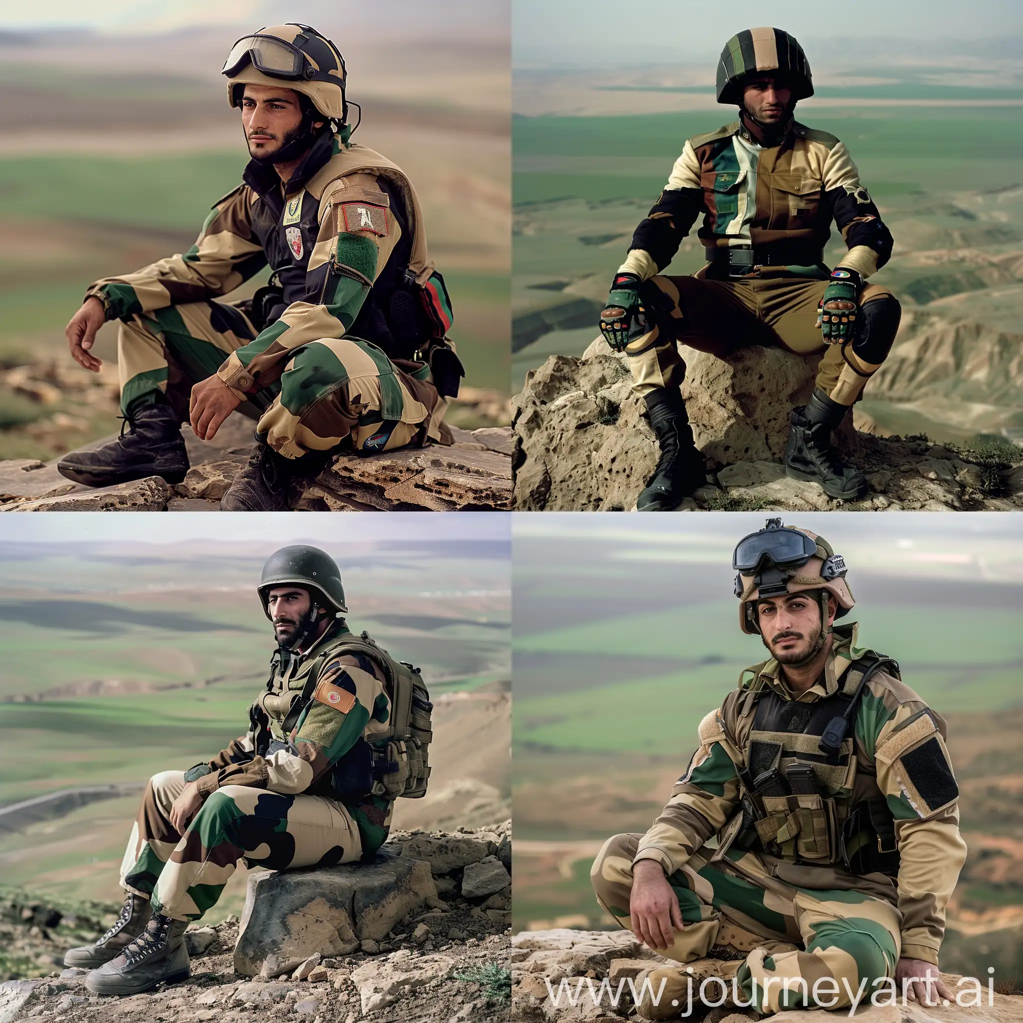A Jazbullah soldier wearing a four-color military uniform - black, beige, green and brown. He wears a helmet on his head. He sits on a rock with his thighs together, leaning slightly to the left. In the background is a plain ending with a green mountain
​
