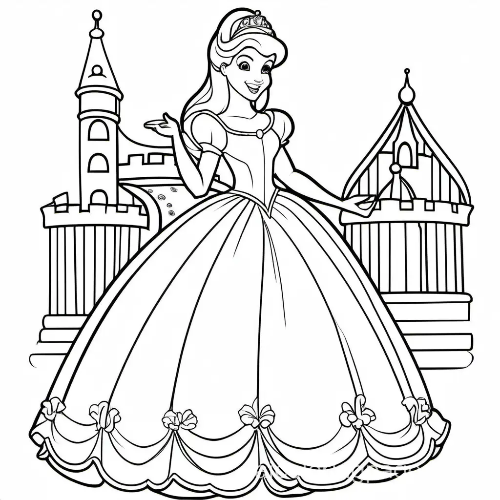 Cenderella, Coloring Page, black and white, line art, white background, Simplicity, Ample White Space. The background of the coloring page is plain white to make it easy for young children to color within the lines. The outlines of all the subjects are easy to distinguish, making it simple for kids to color without too much difficulty