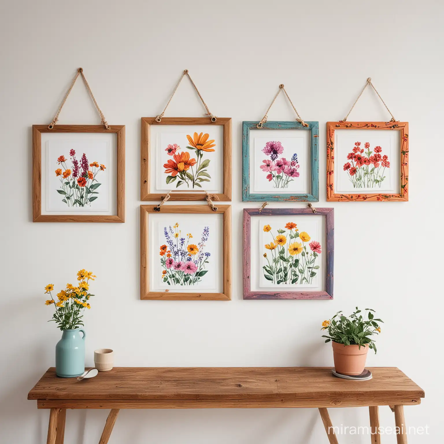 5 wooden frames hang on the white wall with colourfull flower