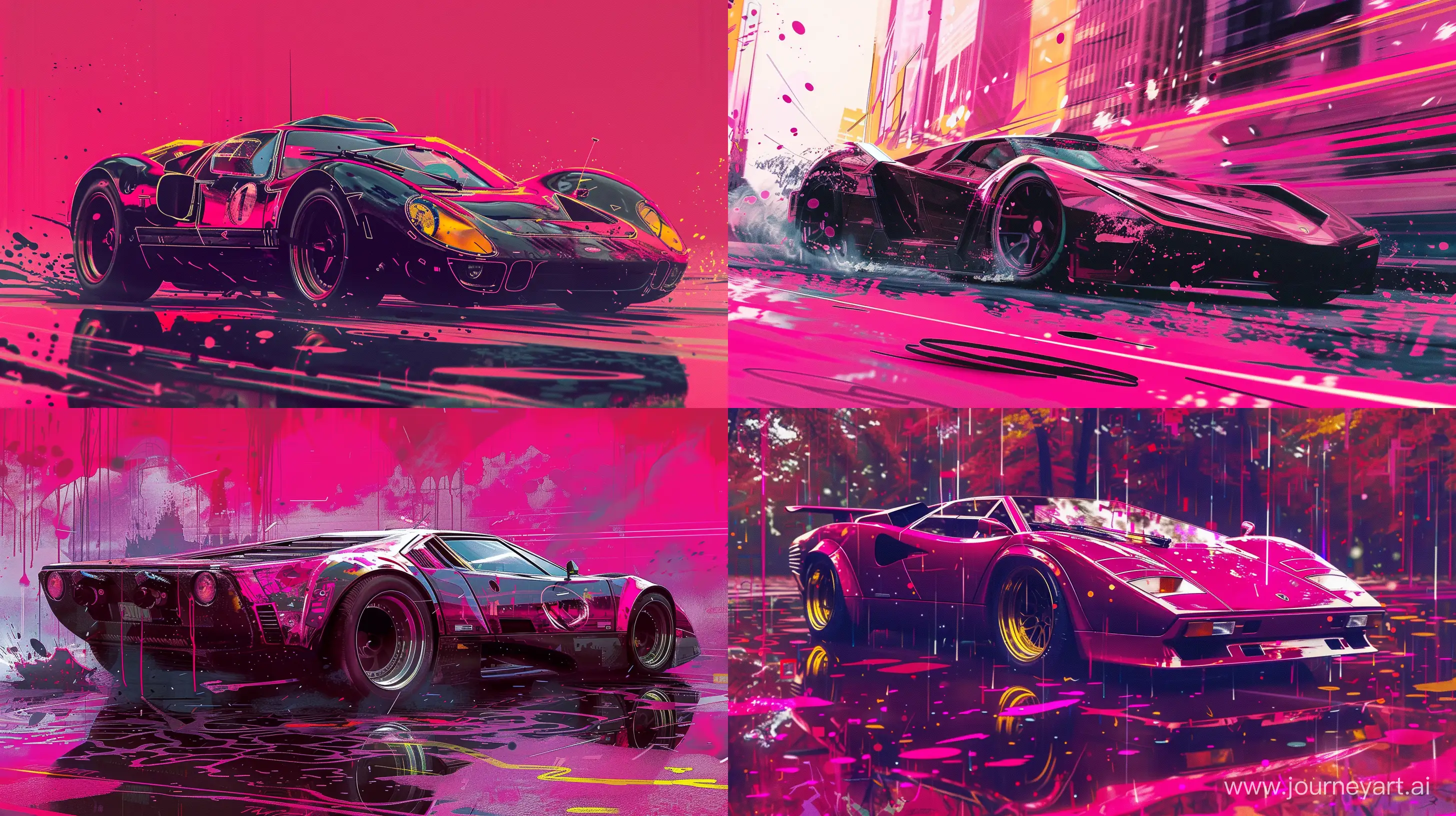 sportscar, in the style of retro-futuristic cyberpunk, crisp neo-pop illustrations, inkblots, i can't believe how beautiful this is, rich and immersive, brutalism, magenta and amber --ar 16:9 
