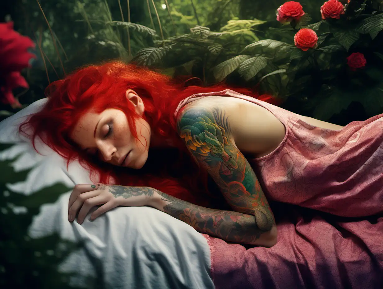 ultra-realistic high resolution and highly detailed photograph of a female draconic, with red hair, red eyes, draconic tattoos and a colourful nightgown, sleeping in a beautiful garden