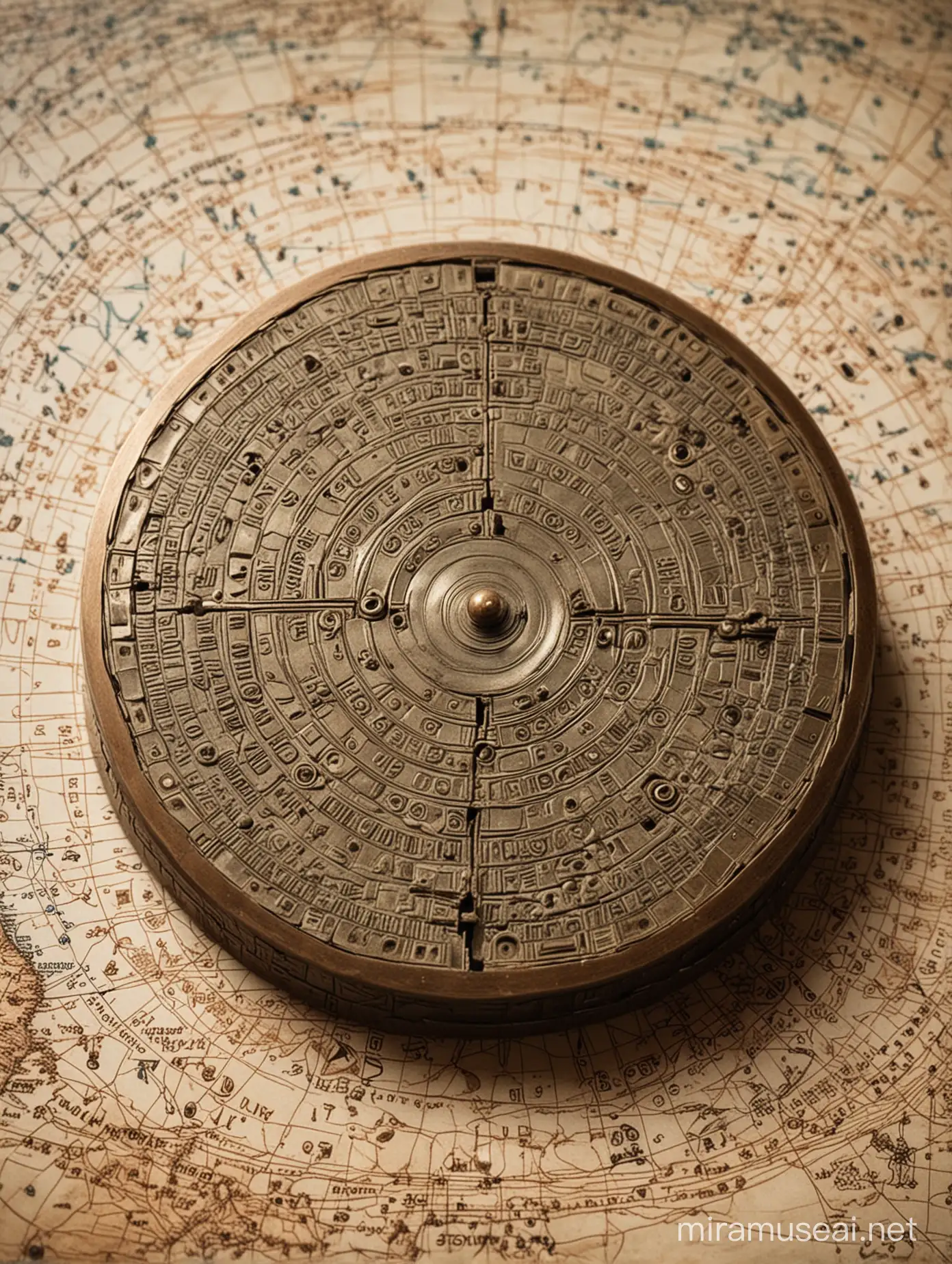 a small ancient metallic bronze decoder-dial disk artifact with four rotating concentric rings, dusty, on a desk covered with oceanic maps and cartographic charts