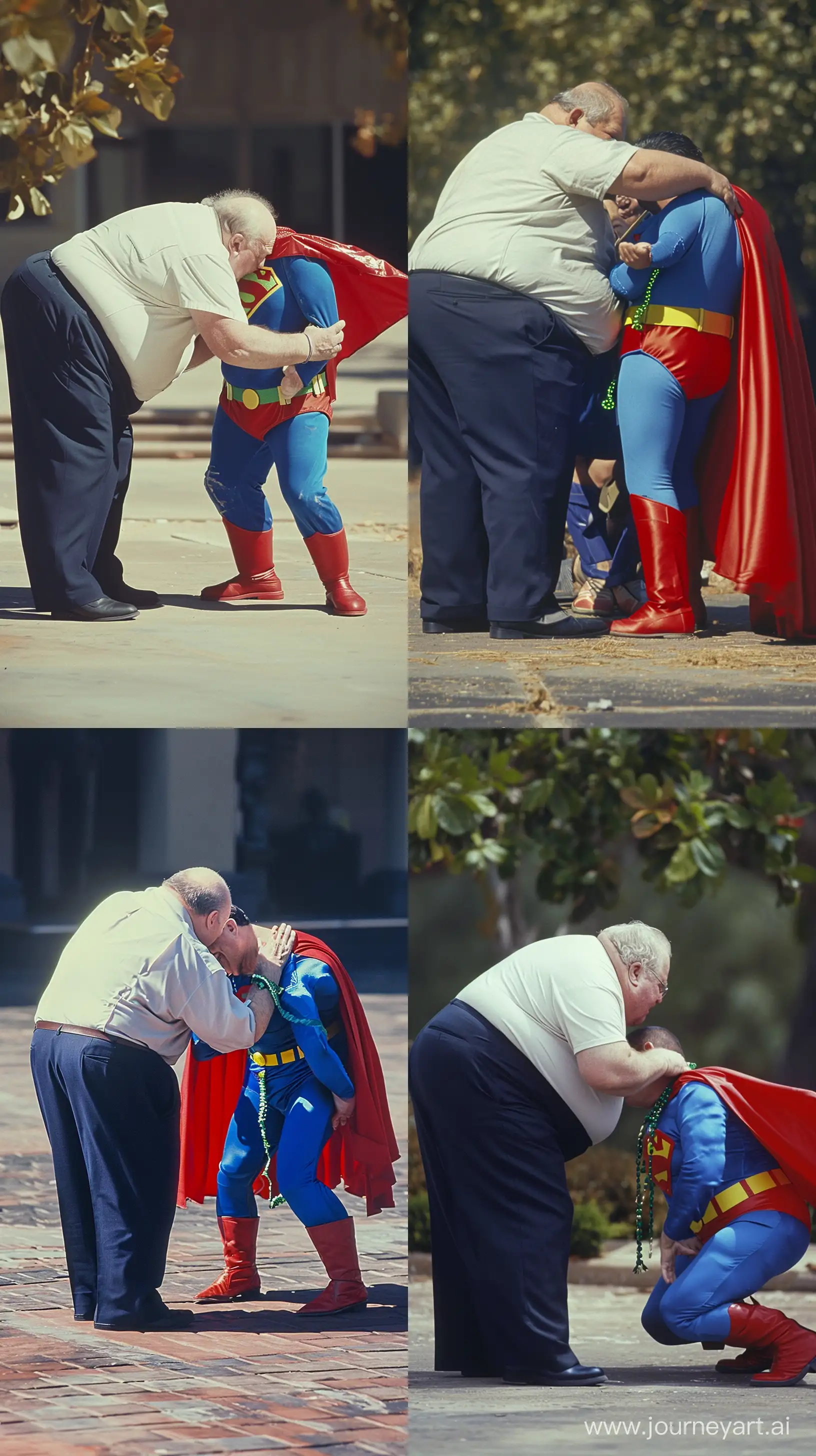 Back view photo of a very obese man aged 70 wearing navy business pants and a white shirt. He is bending over another man dressed in a clean slightly shiny blue superman costume with a big red cape, red boots, blue shirt, blue pants, yellow belt and red trunks kneeling, and tightening a green necklace around his neck. Outside. --style raw --ar 9:16 --v 6