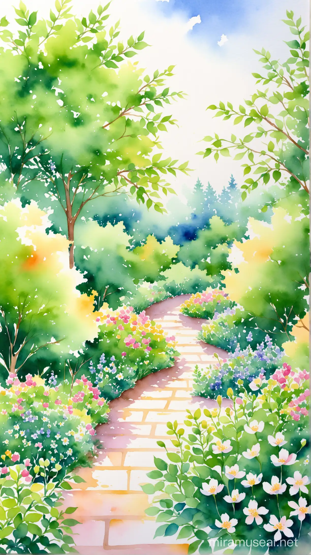 Serene Watercolor Garden with Green Leaves and Small Flowers