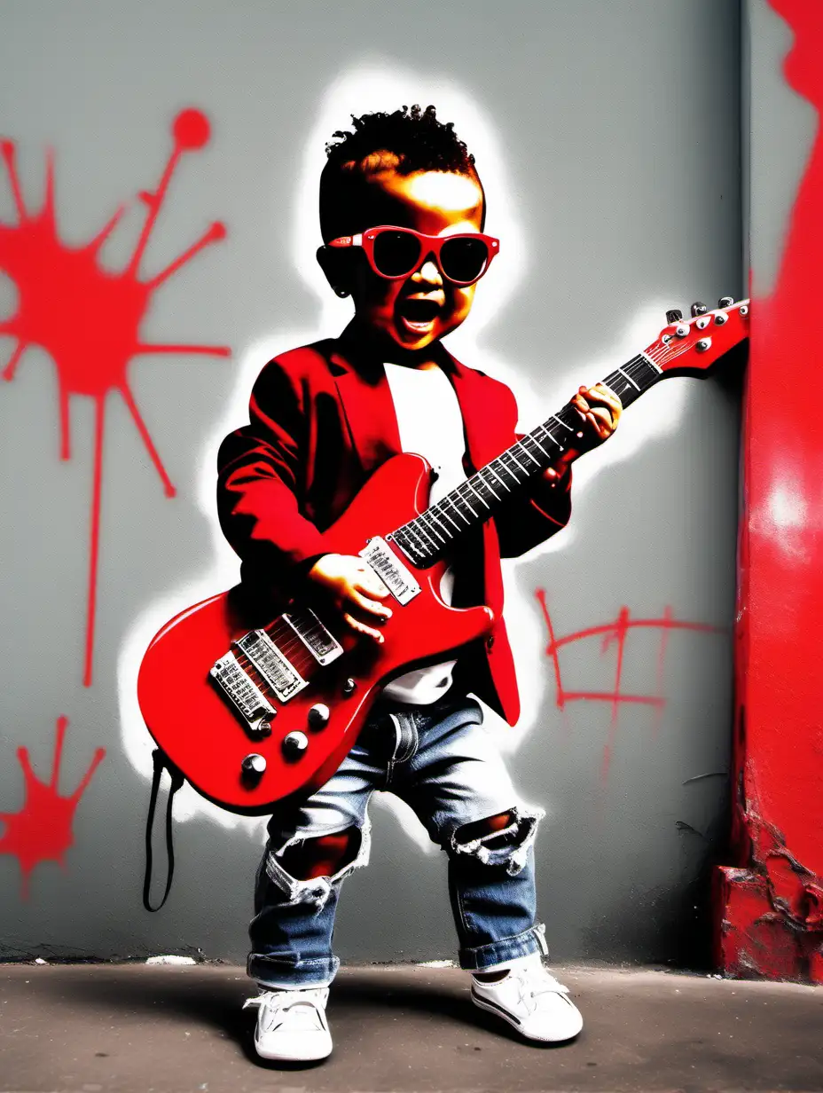 Cute baby wearing sunglasses and only nappy, playing red electric guitar, minimal, style in graffiti