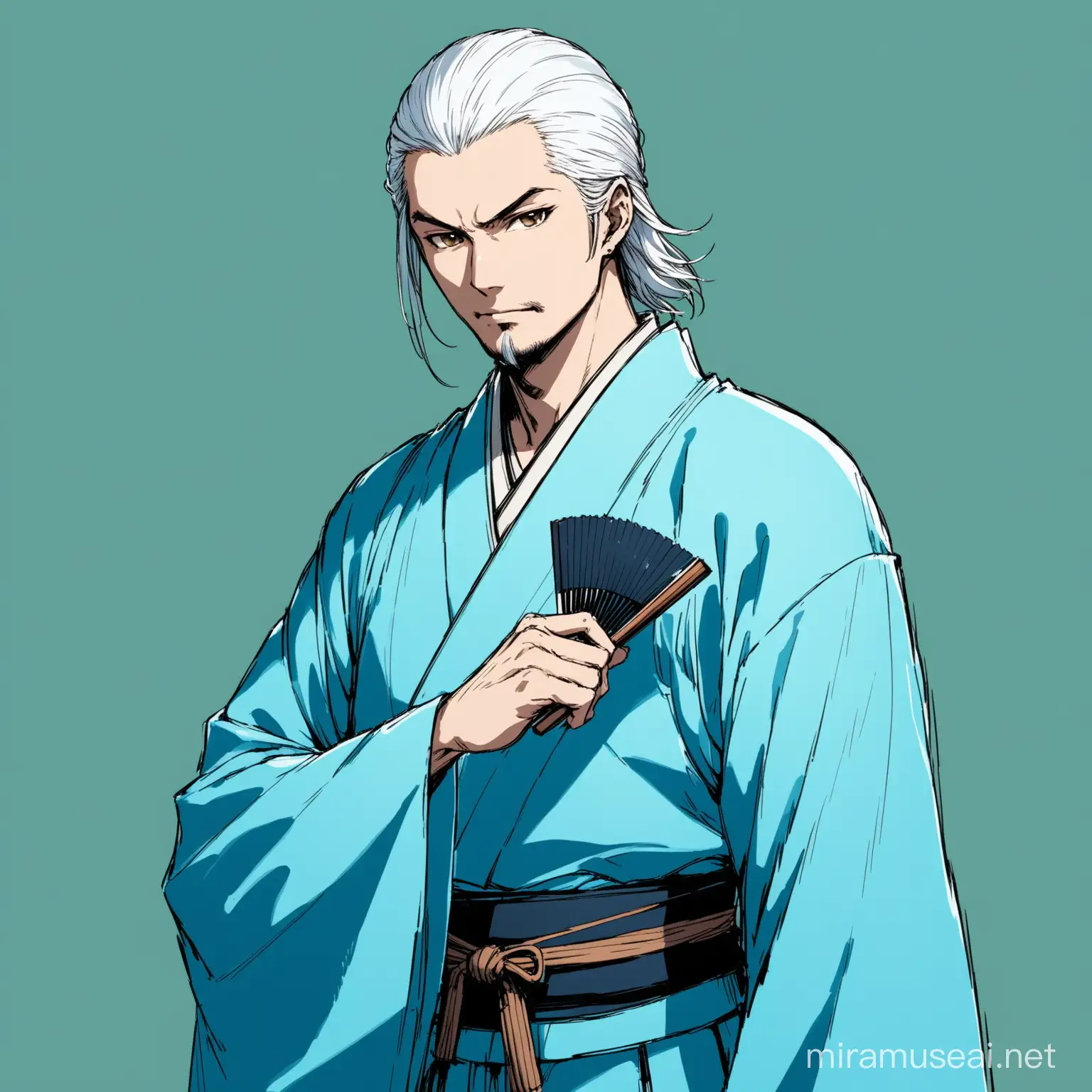 A samurai, male, wearing a white and sky blue kimono with a blue,  with No beard, white hair long, brown eyes, holding a blue  folding fan, with a jade clip 