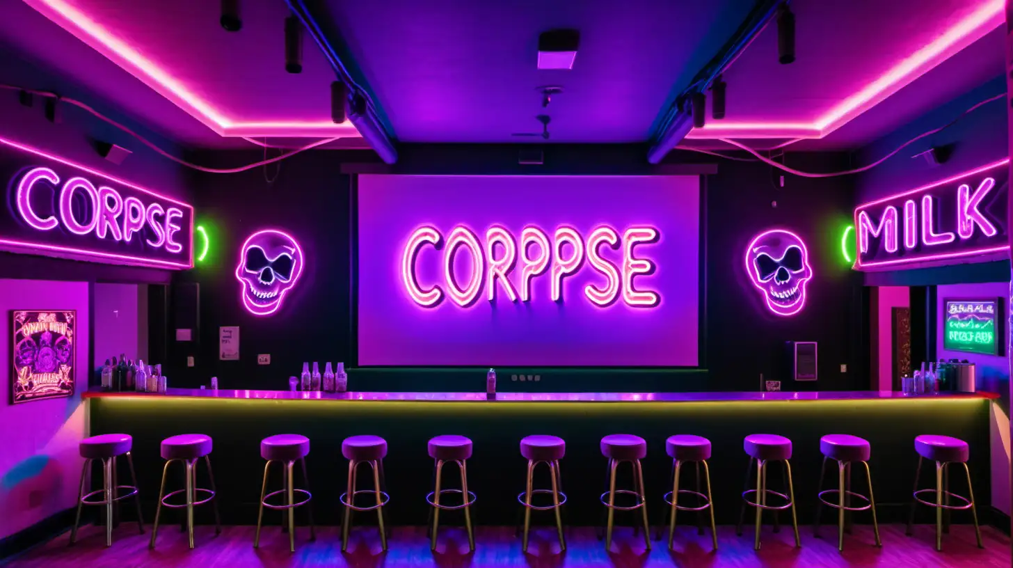Vibrant Dance Bar with Giant Cinema Screen and Neon Skulls
