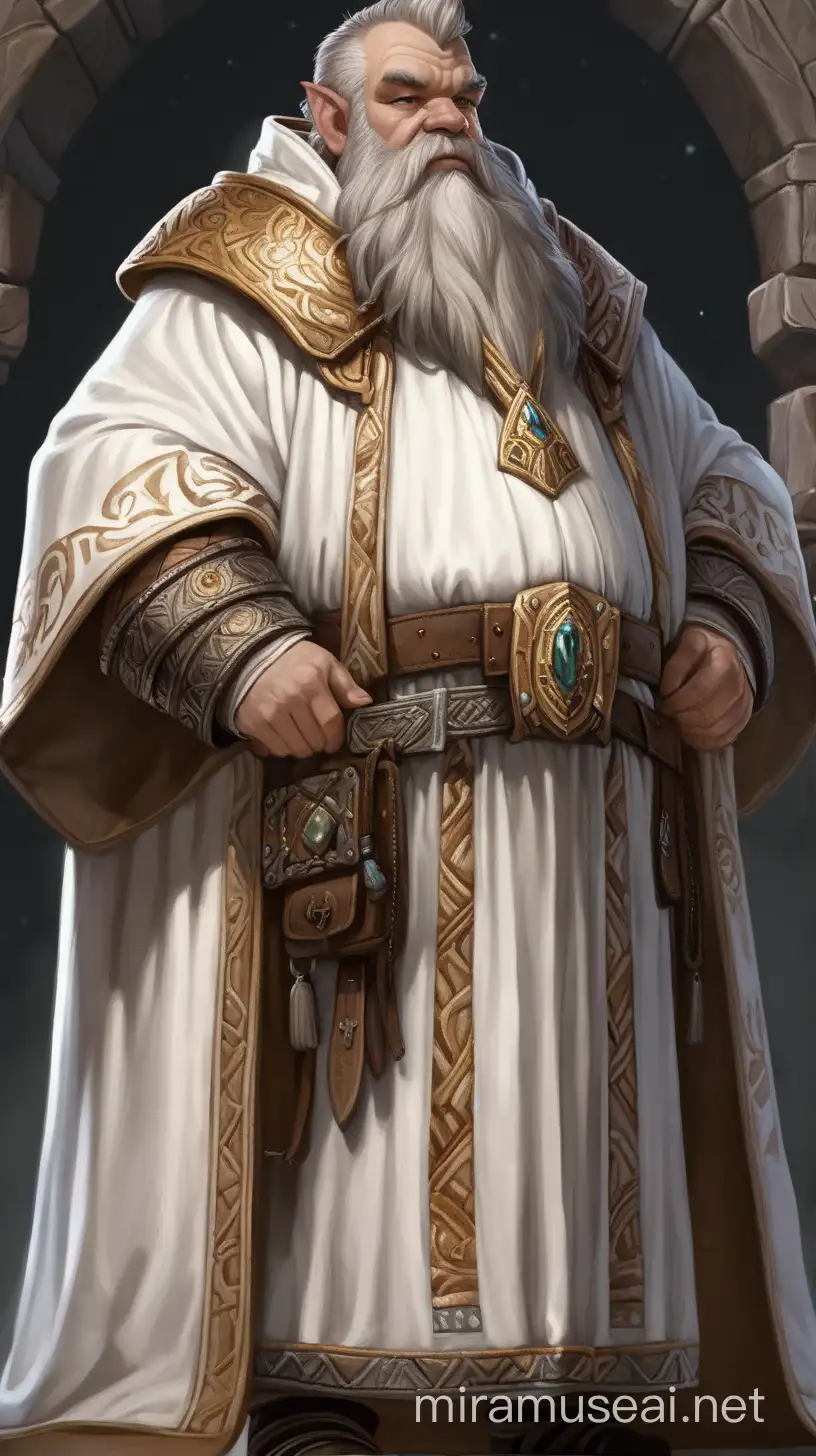 A younger dwarven man, wearing opulent white religious robes.