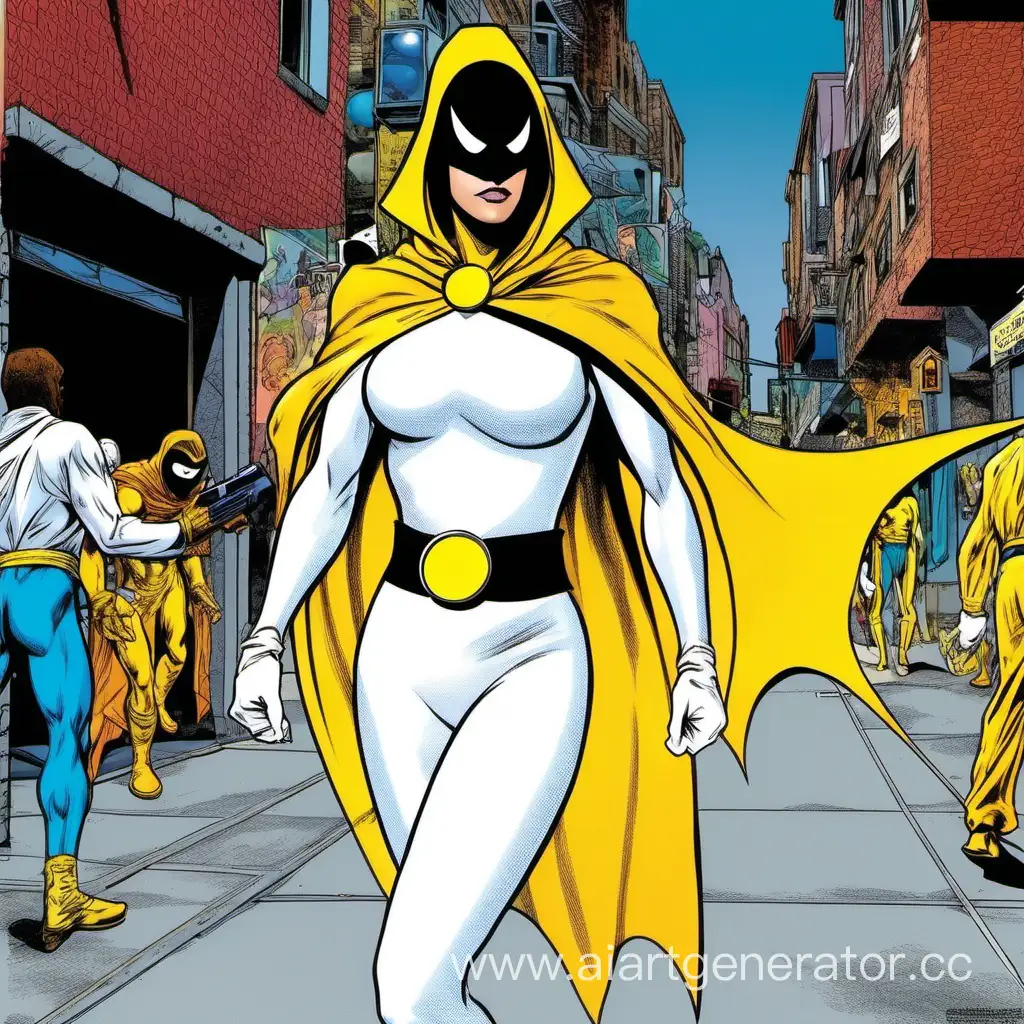 space ghost, actress, white tights, white spandex, white gloves, black mask, yellow cape, black belt, street, detail