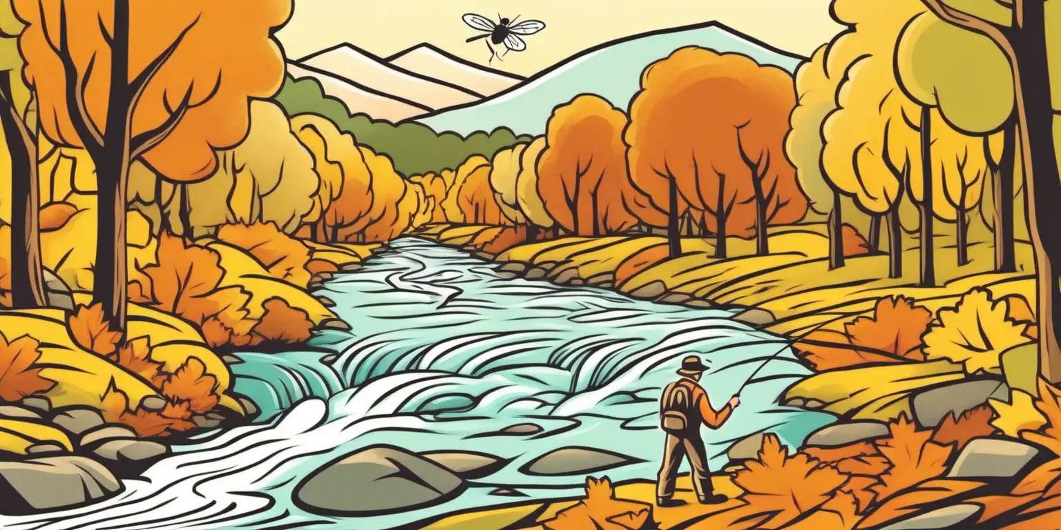 colorful cartoon of a river in fall with a fly fisherman in the background