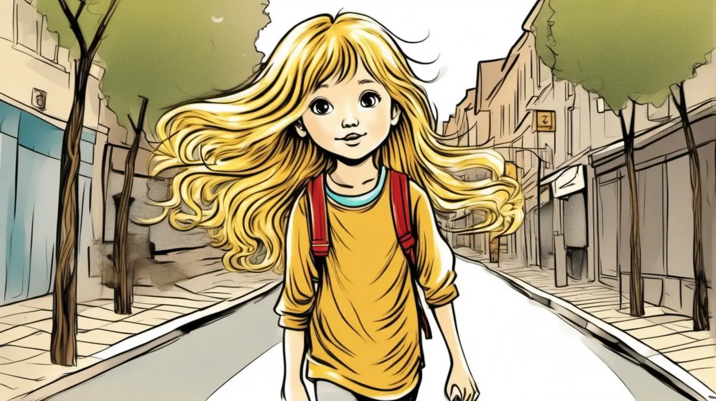 illustrate 8 years old  golden hair girl, walking a street