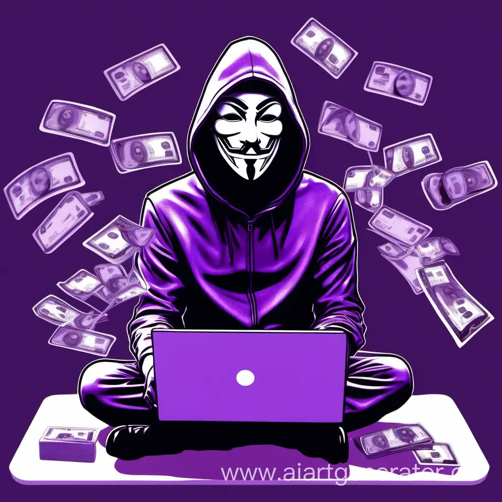 a guy sitting at a laptop wearing an anonymous mask. there is money and bank cards around. everything is purple