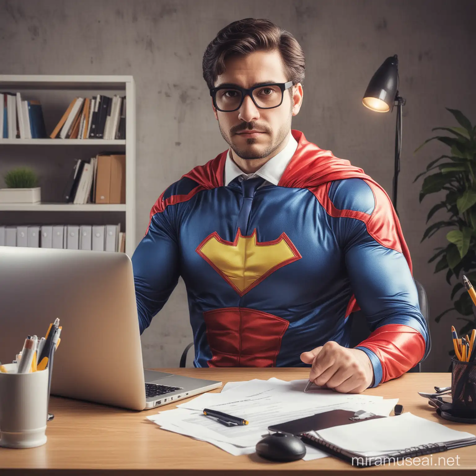 office worker in his office workplace wearing generic superhero suit