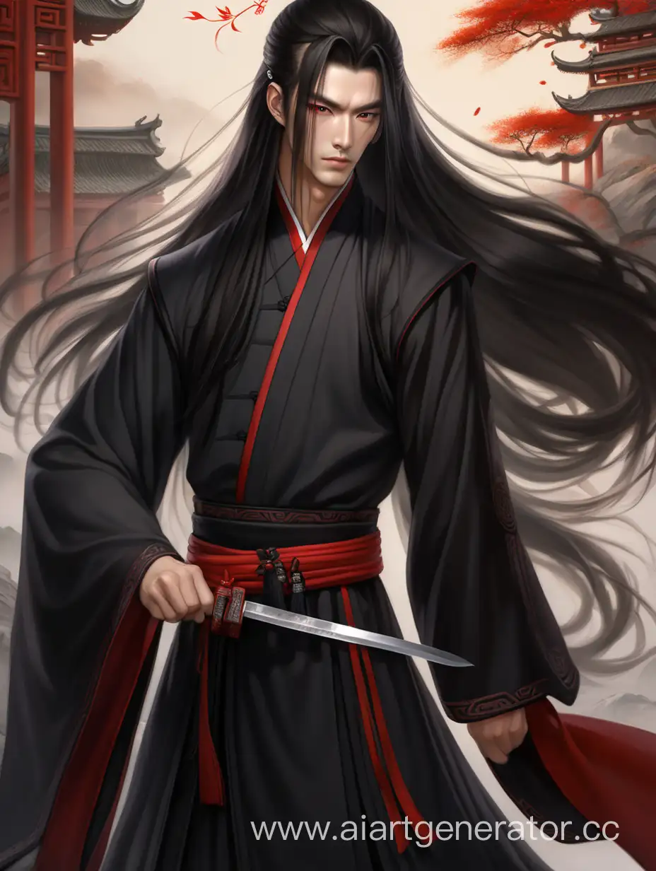 Молодой человек, высокий, красивый, величественный, чёрное китайское ханьфу без узоров, длинные распущенные волосы, один глаз красный, с кинжалом в руке