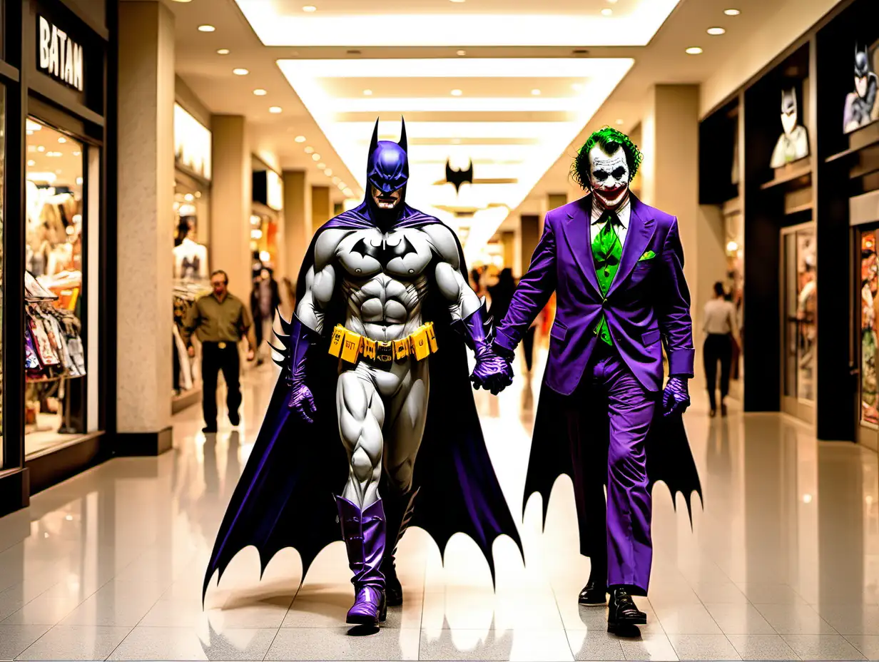 Batman and the Joker walk hand in hand into a shoppimg mall in NYC Frank Frazetta style