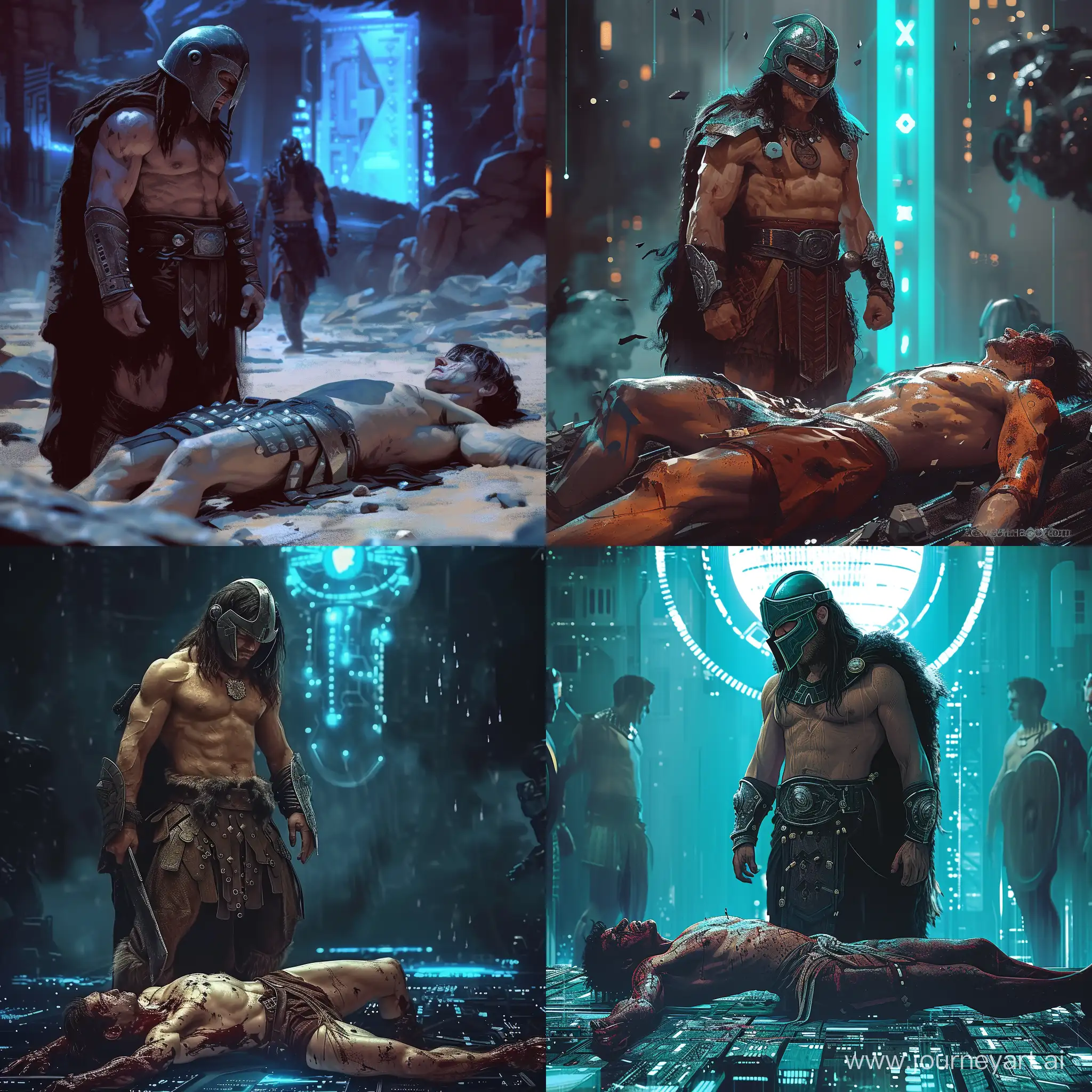Conan the Barbarian in visor helmet standing on the defeated body of cyberpunk Vitalik Buterin.