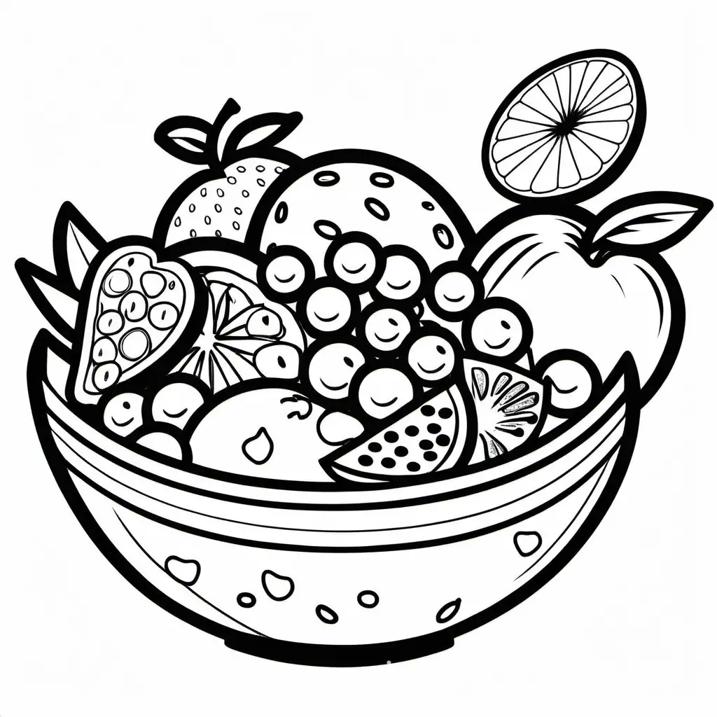 Fruit salad bold line and easy without background, Coloring Page, black and white, line art, white background, Simplicity, Ample White Space. The background of the coloring page is plain white to make it easy for young children to color within the lines. The outlines of all the subjects are easy to distinguish, making it simple for kids to color without too much difficulty