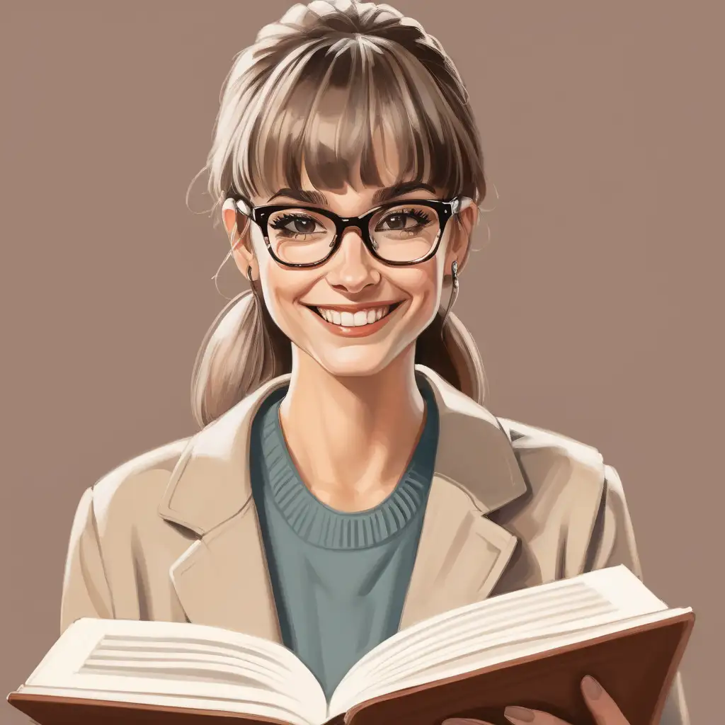 In muted colors: a female psychologist with a fringe, glasses, smile, and an empathetic look in her eyes holding an open book