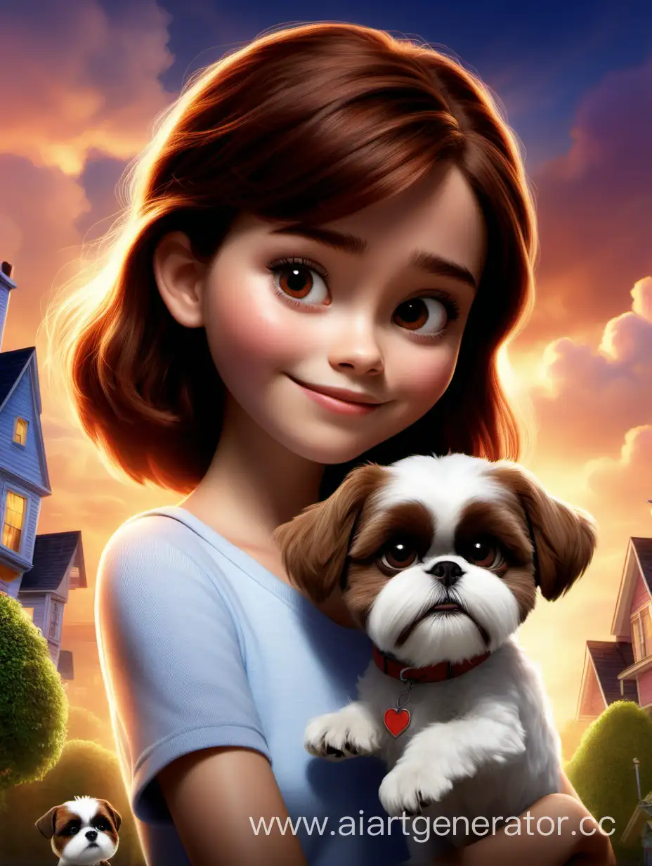 постер Disney pixar девочка 13 лет изображена с короткими коричневыми волосами,с карими глазами. Рядом с ней собачка шпиц. Название Кристина 