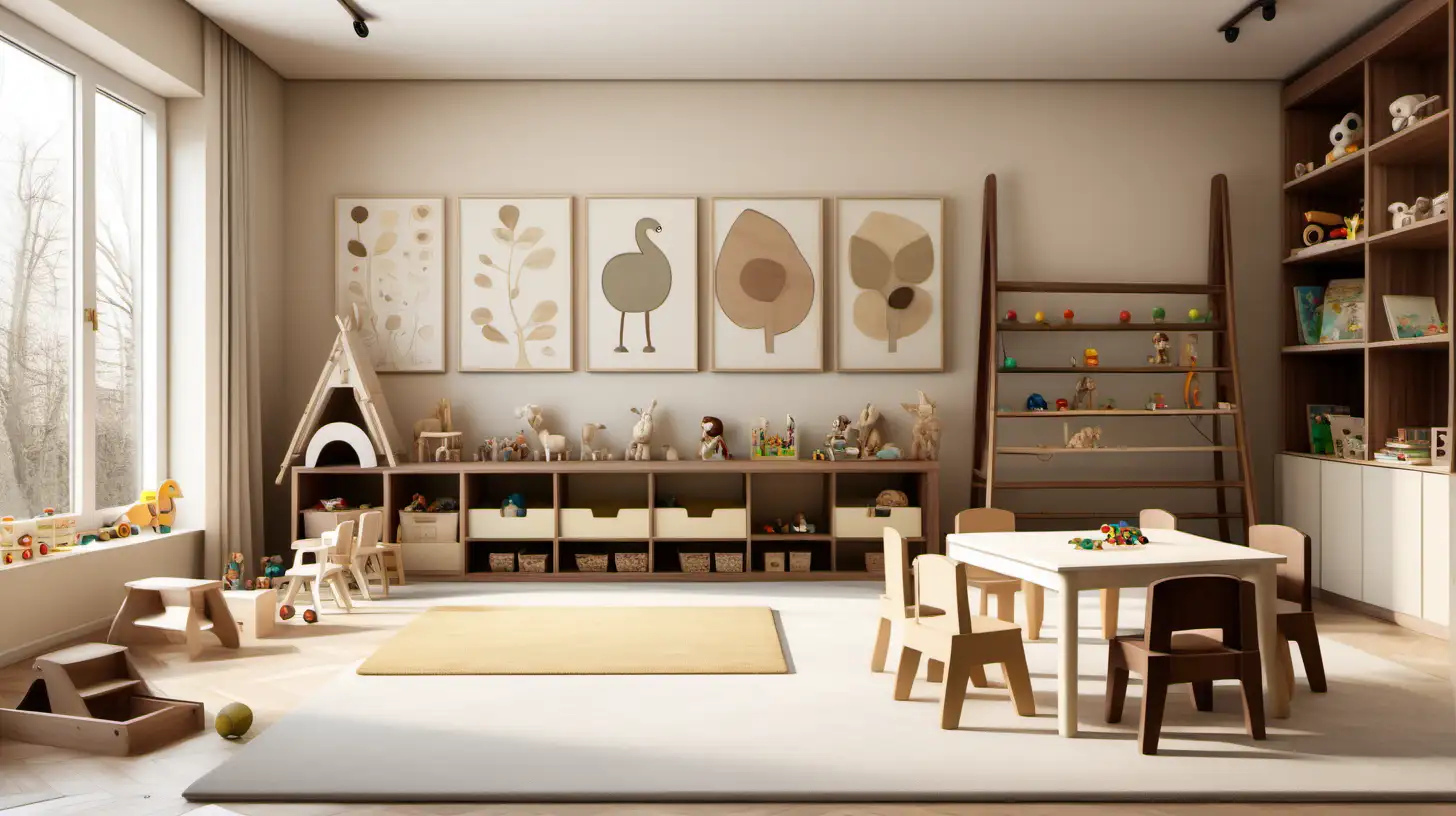 Imagine a large minimalist organic playroom with natural materials in a colour palette of walnut wood, ivory, beige and brass, a built-in storage cabinet in walnut wood, limewashed walls,  art easel and  toys and books in beige and ivory and brown, kids table and chairs,