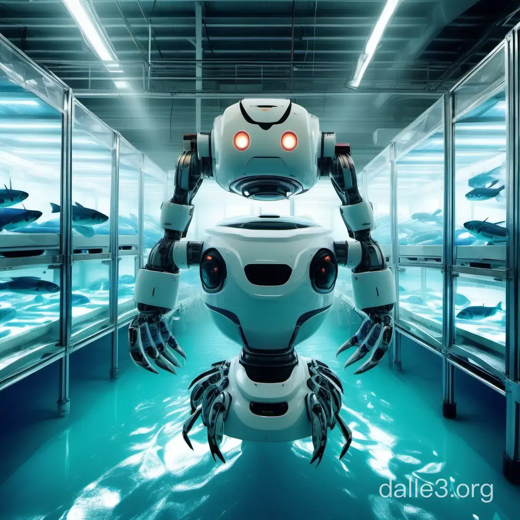 In the seafood market, there are many water tanks, in which various fish, shrimp, crabs, shellfish, etc. are raised. An AI robot stands between the tanks, observing the condition of aquatic animals in each tank, and adjusting the water level or oxygen content of the tanks as needed.