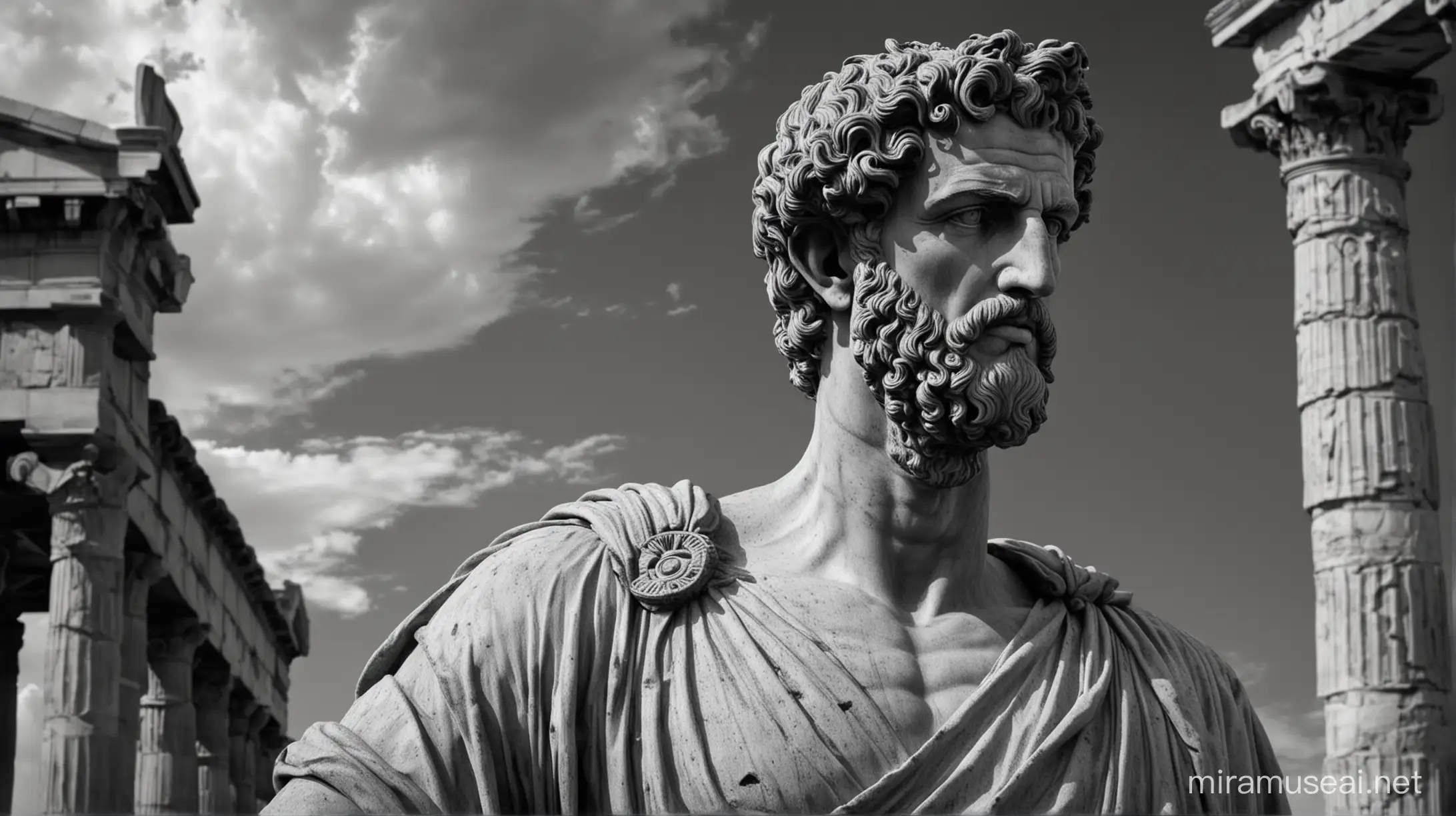 A dark landscape image of an ancient greek society deeply connected to stoicism, black and white, ancient greek architecture, include one single big statue of a stereotypical strong greek man, marcus aurelius --ar 16:9 
