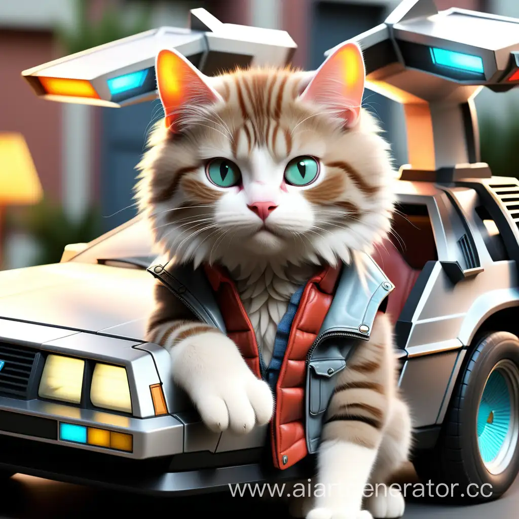 A cat in the style of Marty McFly, against the background of Delorean