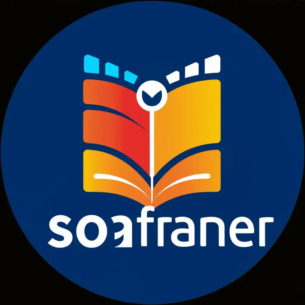 logo, With a circular base shape as the background, draw a slightly open book in the center, colored in deep blue to match the background and highlight the central element. Precisely place a standard bright orange play button icon at the opening of the book., with the text "soraframer", typography