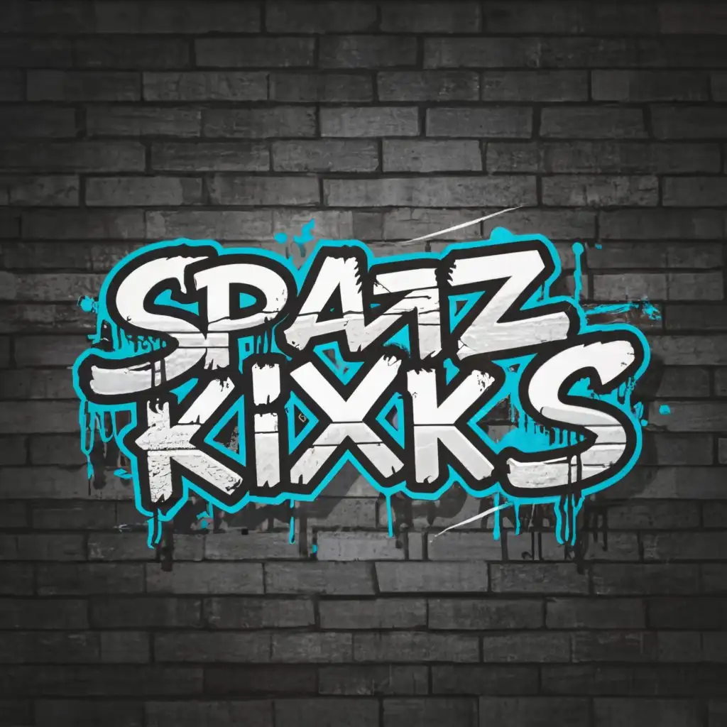 LOGO-Design-For-Spazz-Kixks-Graffiti-Style-on-Brick-Wall-with-White-and-Blue-Font