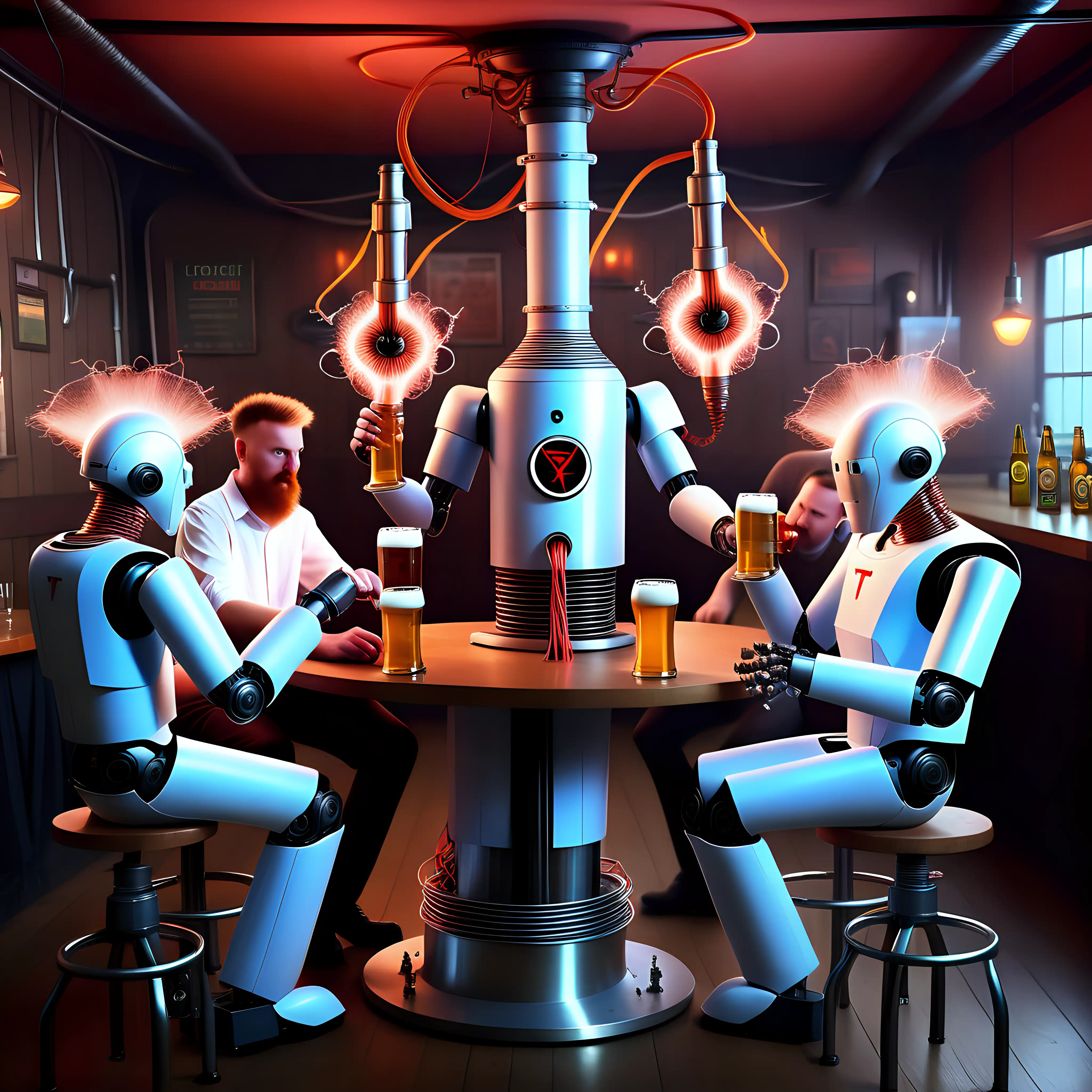 surrealistic image of a party of drunk electrical engineers in a pub with a tesla coil. An industrial robot serves the beer.