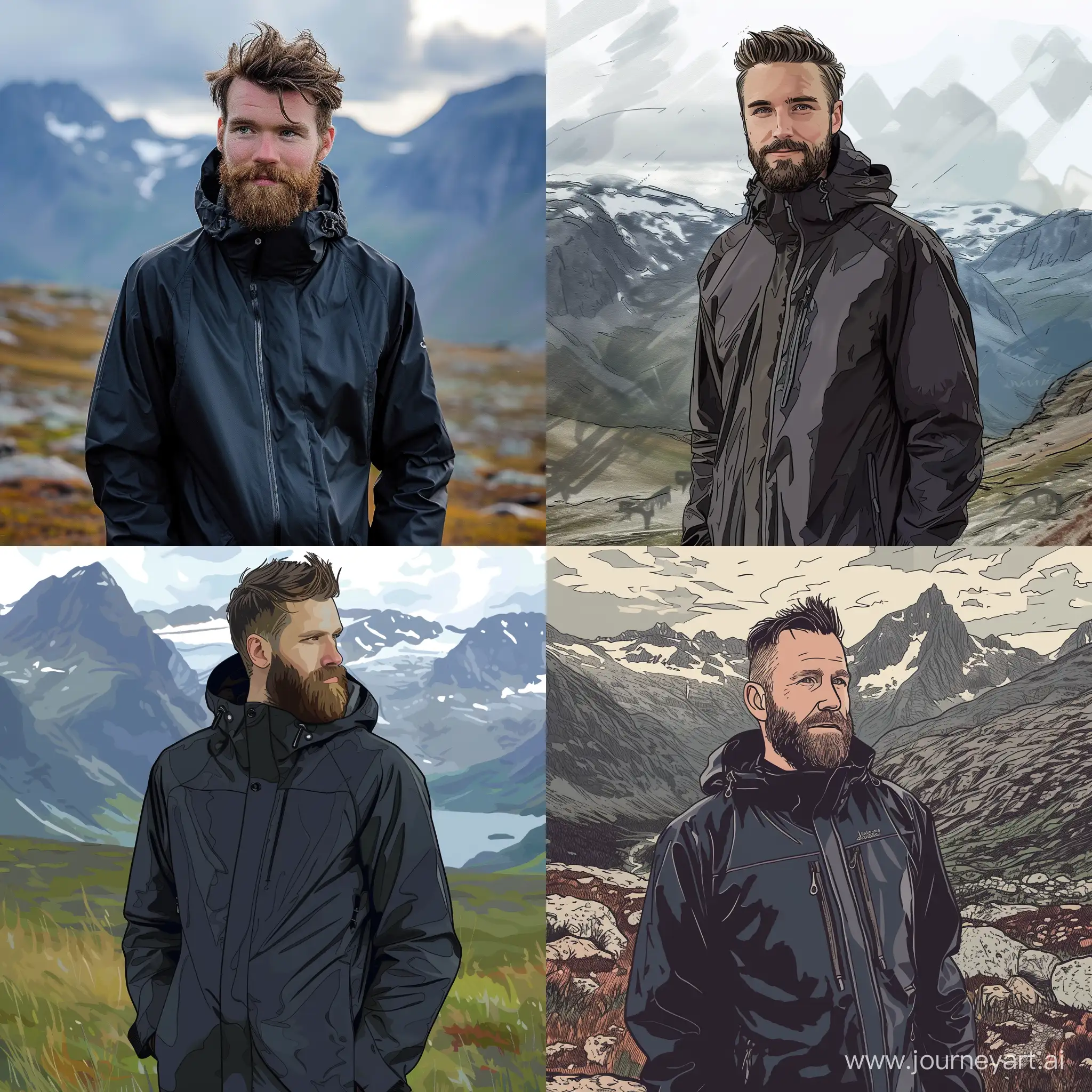 draw a rain cout for the nordic climate. The jacket is black. A man with beard and a nice head hair standing in the jotunheimen, with mountains in the bacground.