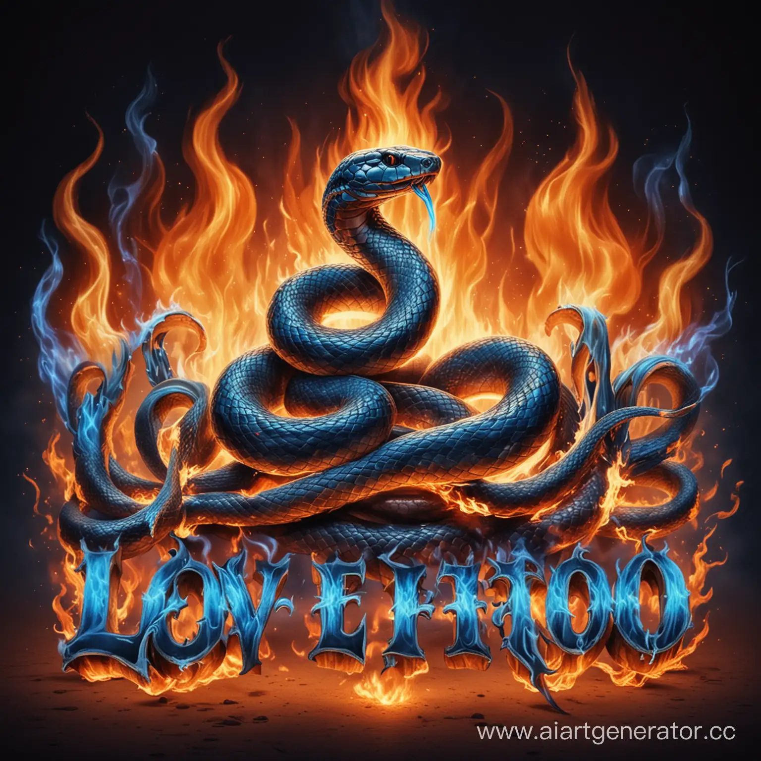 Змея горящая синим пламенем с надписью Люблю Тату. НА ФОНЕ ГОРИТ ОГОНЬ
