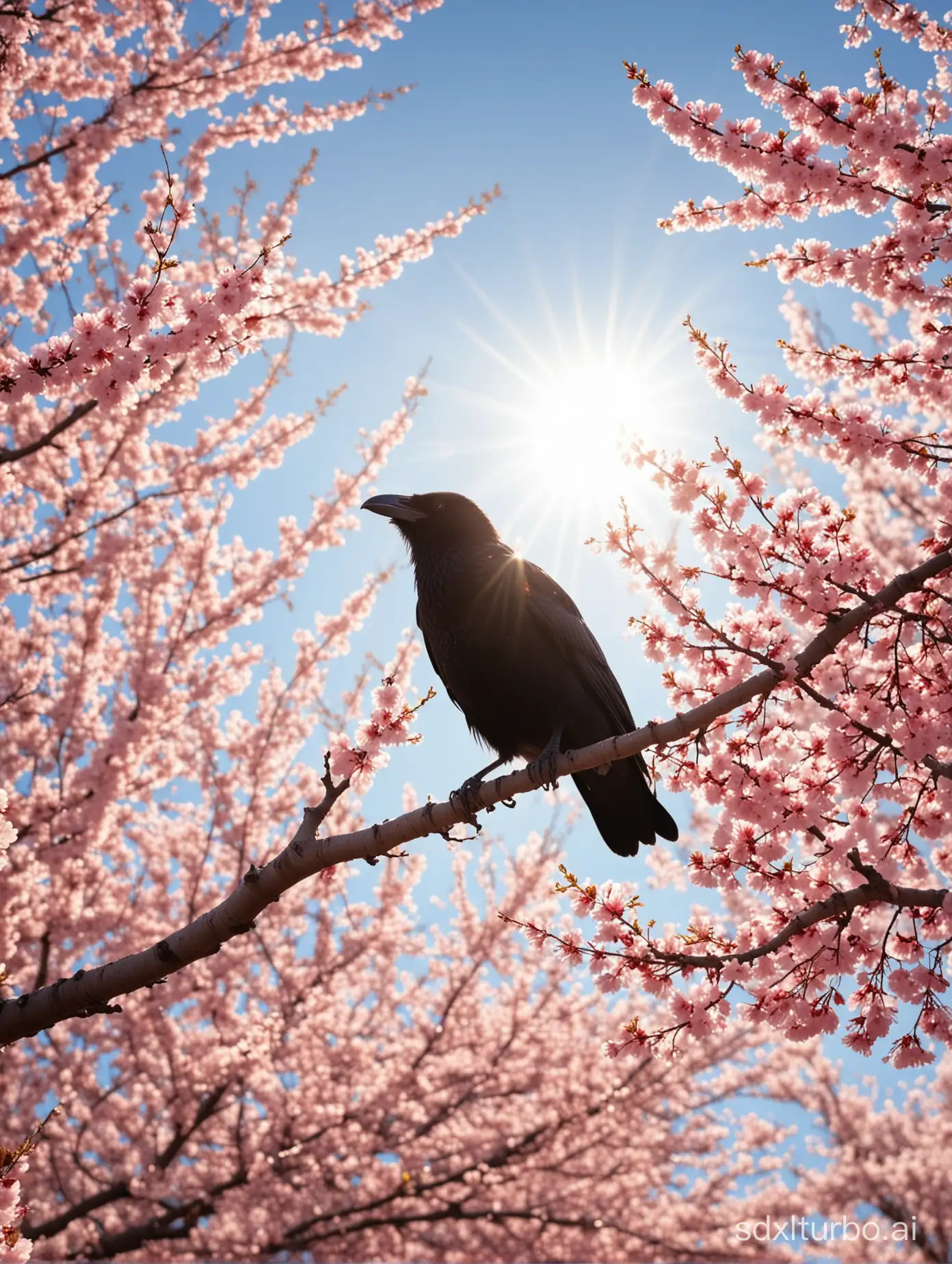 Crow-Perched-on-Cherry-Blossom-Branch-with-Lens-Flare-HD-Photography