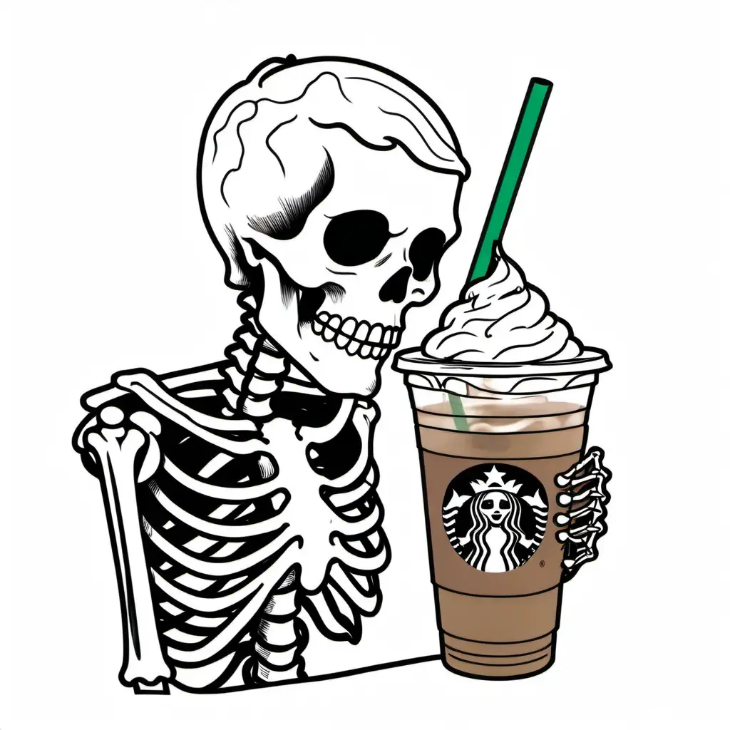 skeleton sipping starbucks iced coffee, line drawing, white background 
