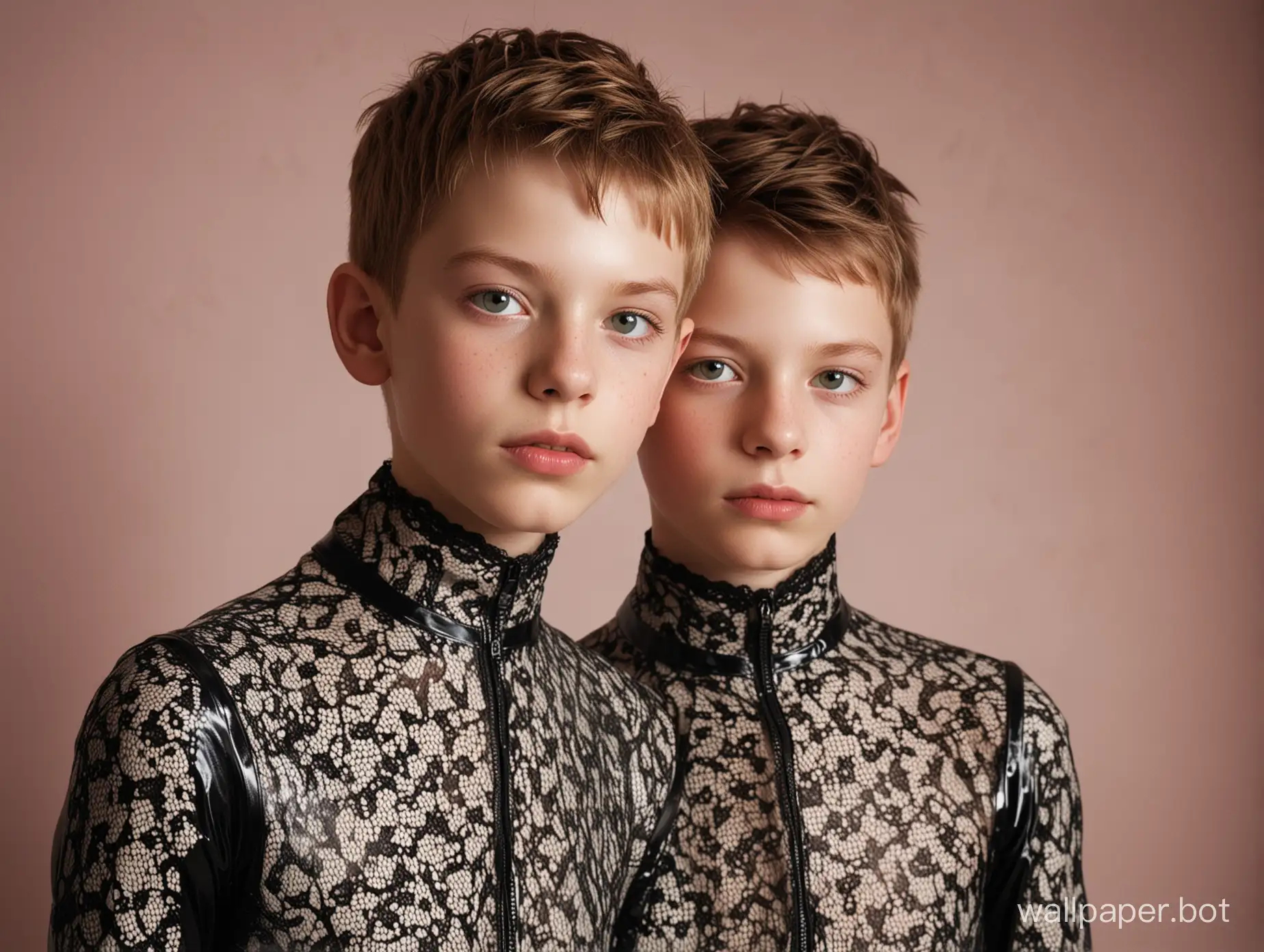 Portrait-of-Two-Boys-in-Lace-Pattern-Latex-Suits