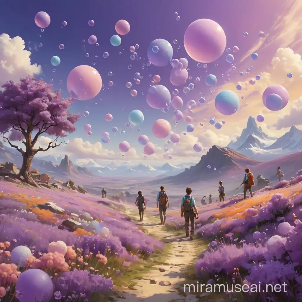 purple bubbles in the sky of an whimsicle landscape using pastal colours. People in the image are working together.