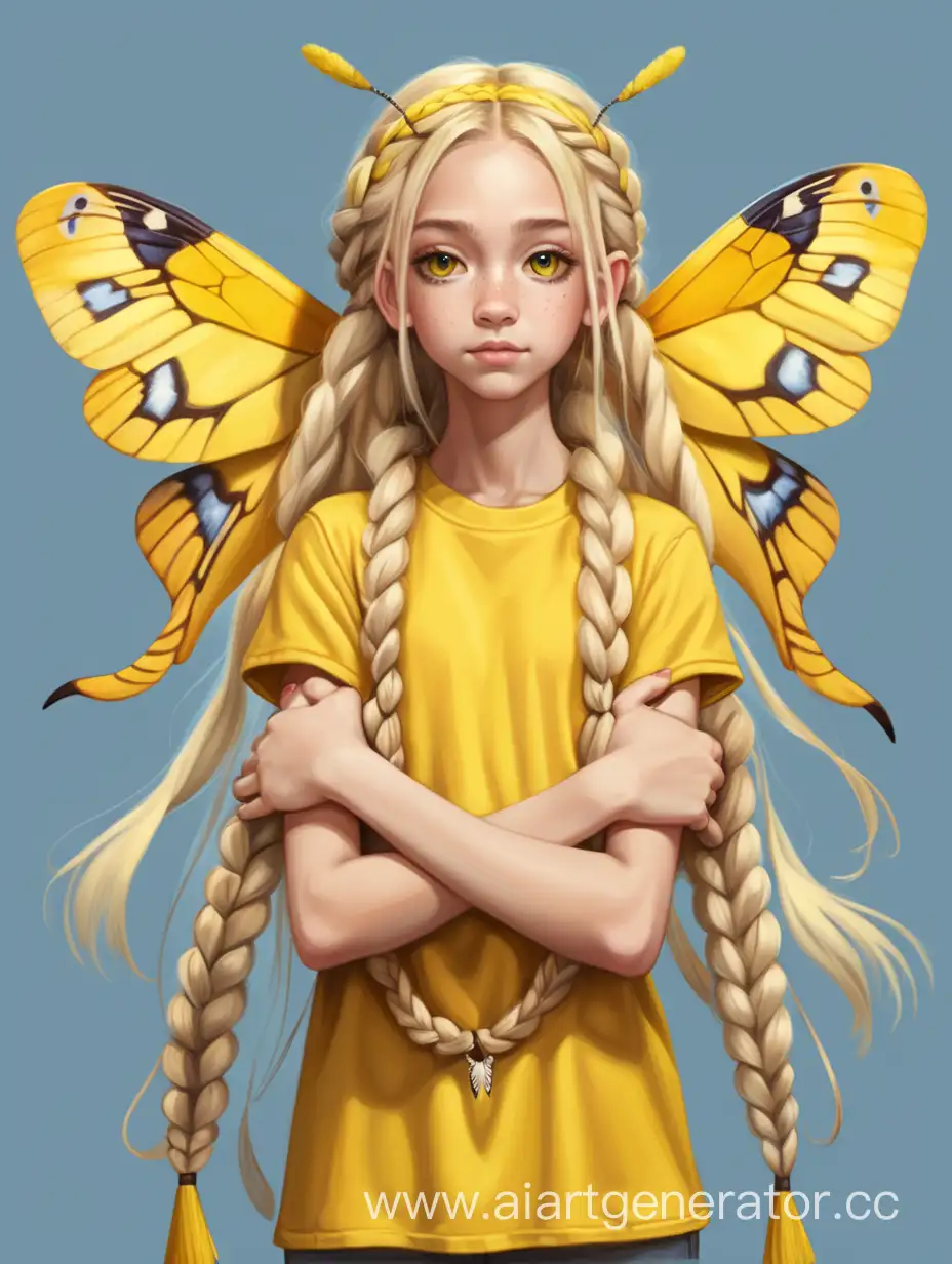 humanization teenager girl with yellow Venezuelan  Moth, with four arms, with blond long hair in braid, full height