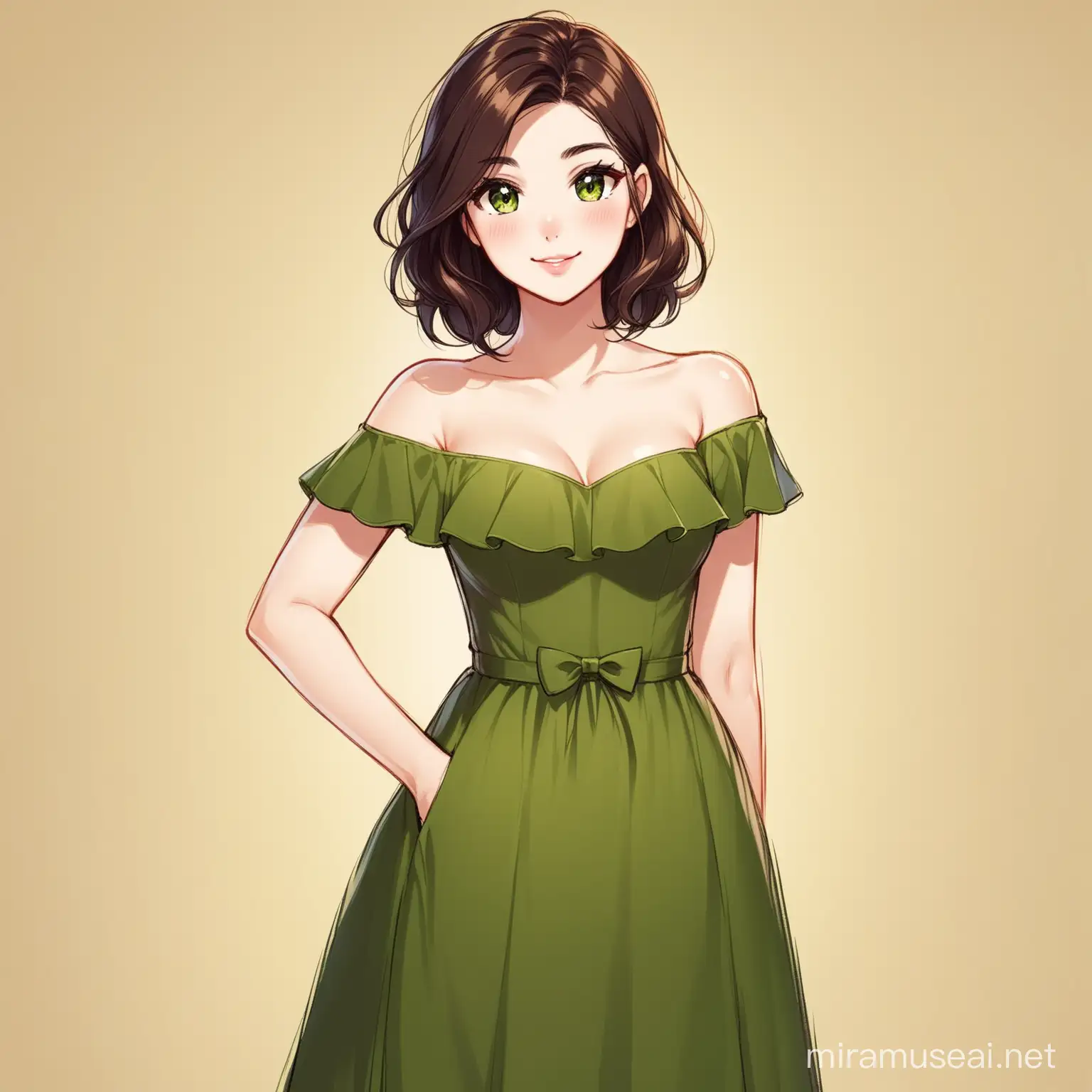 My name is Carmen. I am 30 years old and identify myself as a horse girl. My favourite drink is wine and my favourite piece of clothing is a dress. My favourite color is olive green. How should I dress up for the theme party with my friends? Please depict a person.