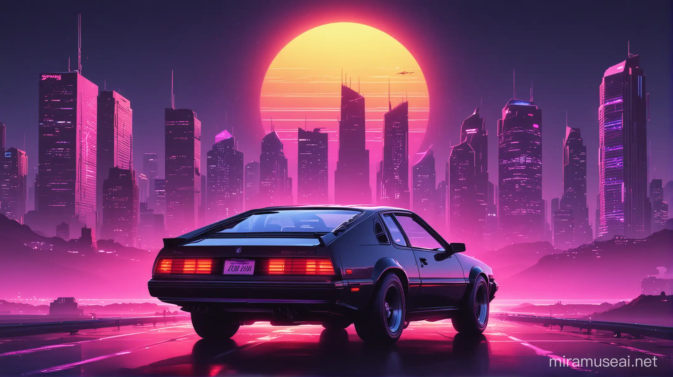 Synthwave Car Cruising through Neon City at Sunset
