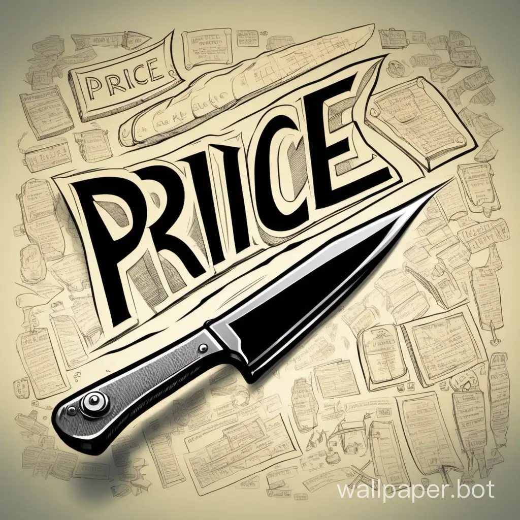 Draw an animation. A cleaver chops through an English word "price", with the cleaver positioned in the middle of "price", which is on a plane. Do not print "price" on the cleaver. There are no other words on the interface.