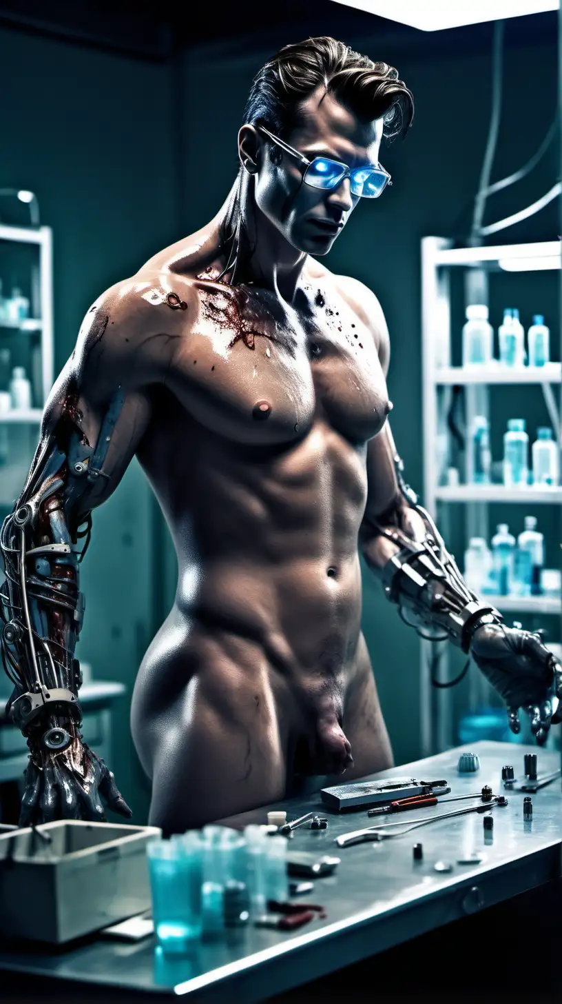 Rugged 1950s Cyborg Repairing Himself in HighTech Laboratory