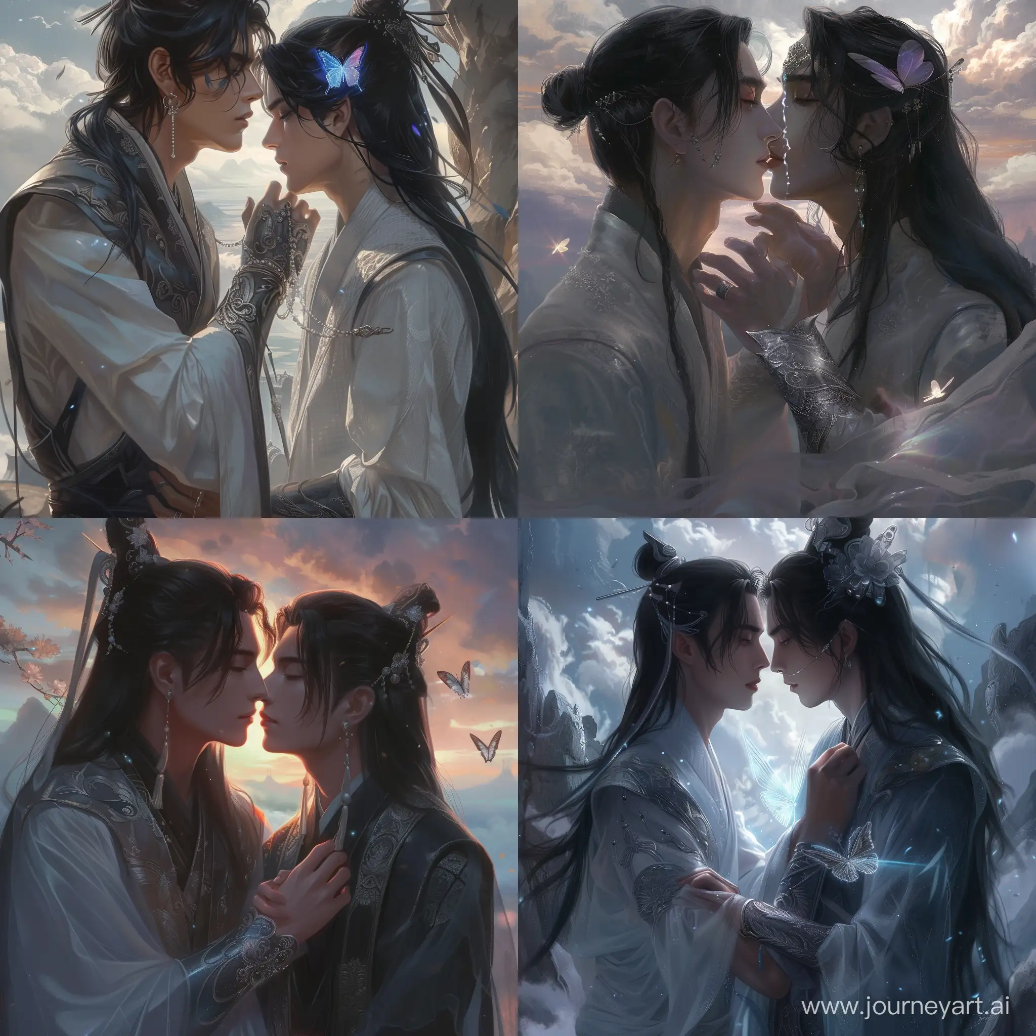 butterfly jewlery, two men almost kissing, danmei artstyle, semi realistic art, beautiful scenary cloud architecture, asian fantasy background, clothing robe fantasy, magical glow, delicate vambraces, silver jewel, long luxurious black hair, perspective, source of light, detailed